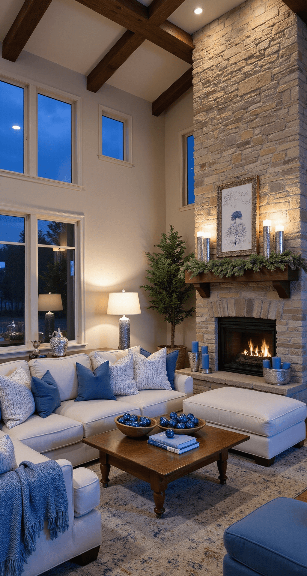 Blue Christmas Decor: A Serene and Sophisticated Holiday Styling Guide Spacious family room in early evening with a warm ambiance, featuring a large cream sectional sofa adorned with blue throw pillows, a stone fireplace mantel decorated with a blue and silver garland, and a large coffee table with blue ornaments. Exposed wooden beams wrapped in blue ribbon and lights, large windows revealing a twilight sky, and a Persian rug anchoring the space, all contributing to a cozy holiday gathering atmosphere.