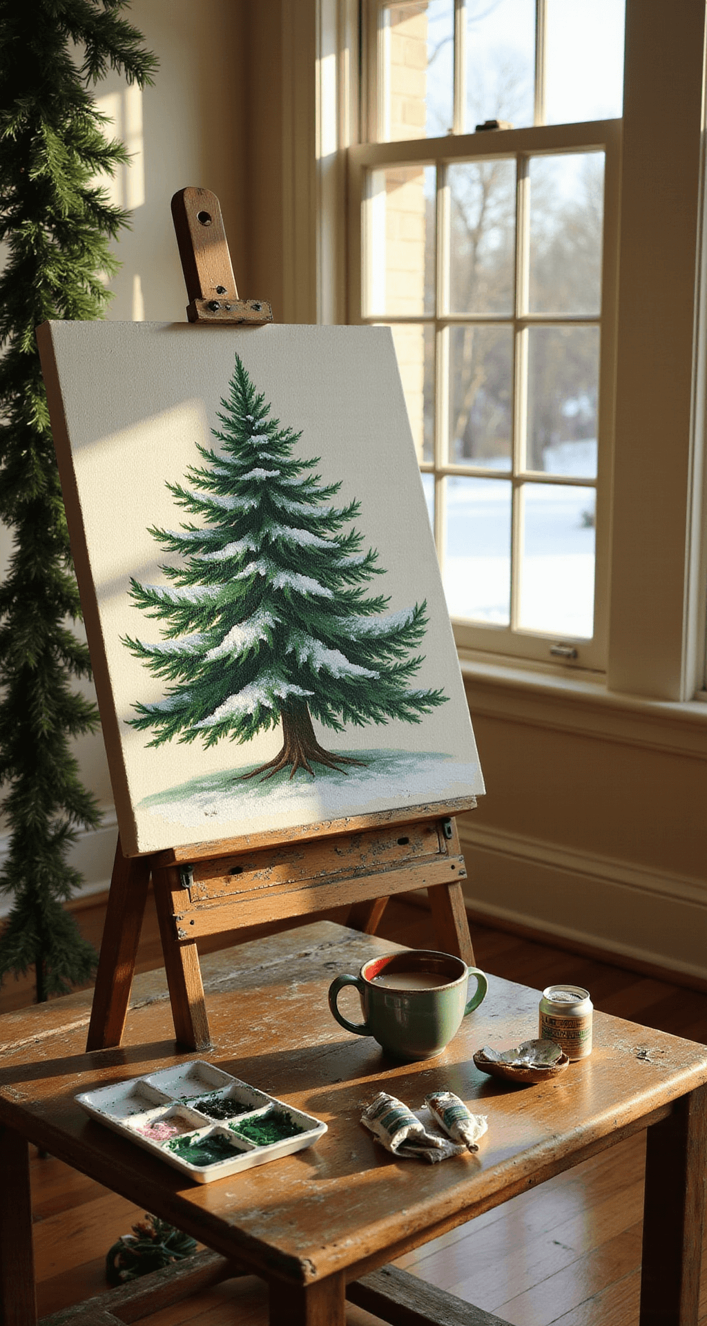 Magical Christmas Tree Paintings: A Complete Guide for Artists of All Levels Cozy artist studio corner with a snow-covered Christmas tree painting on a rustic easel, warm afternoon light illuminating a weathered pine table with paint supplies and a steaming mug of cocoa, surrounded by holiday decor.