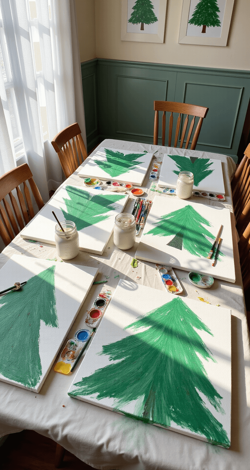 Magical Christmas Tree Paintings: A Complete Guide for Artists of All Levels A sunlit family art room featuring whimsical round brush Christmas tree paintings at various stages on a farmhouse dining table, surrounded by vibrant paint palettes, brushes, and children’s art smocks, with sage green wainscoting and soft ivory walls adorned with colorful artwork.