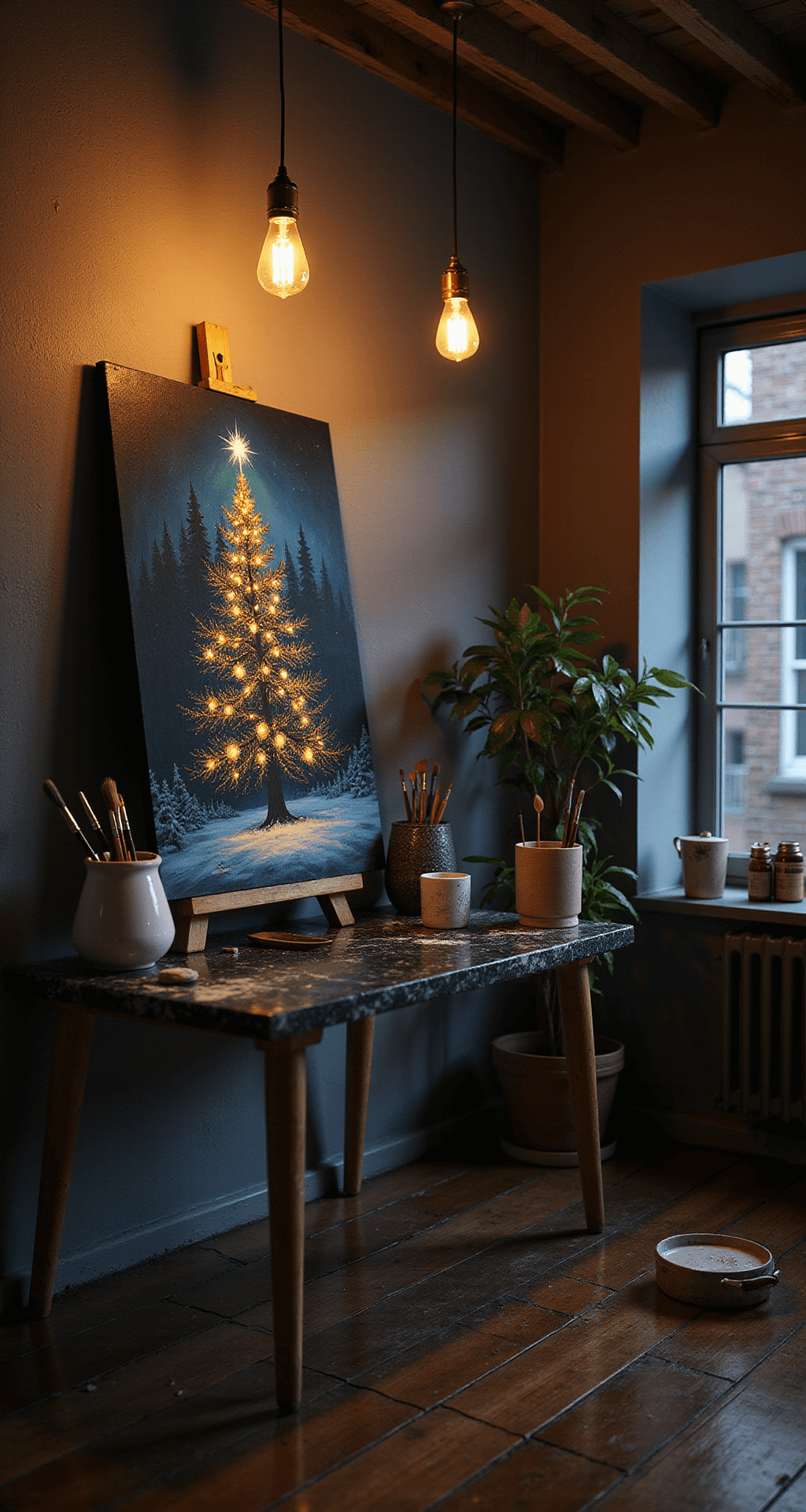 Magical Christmas Tree Paintings: A Complete Guide for Artists of All Levels A dramatic art studio at night with a glowing Christmas tree painting under warm Edison bulb lighting, featuring a sleek black marble workspace, charcoal gray walls, and rich mahogany floors, captured from a low angle to emphasize shadows and highlights.