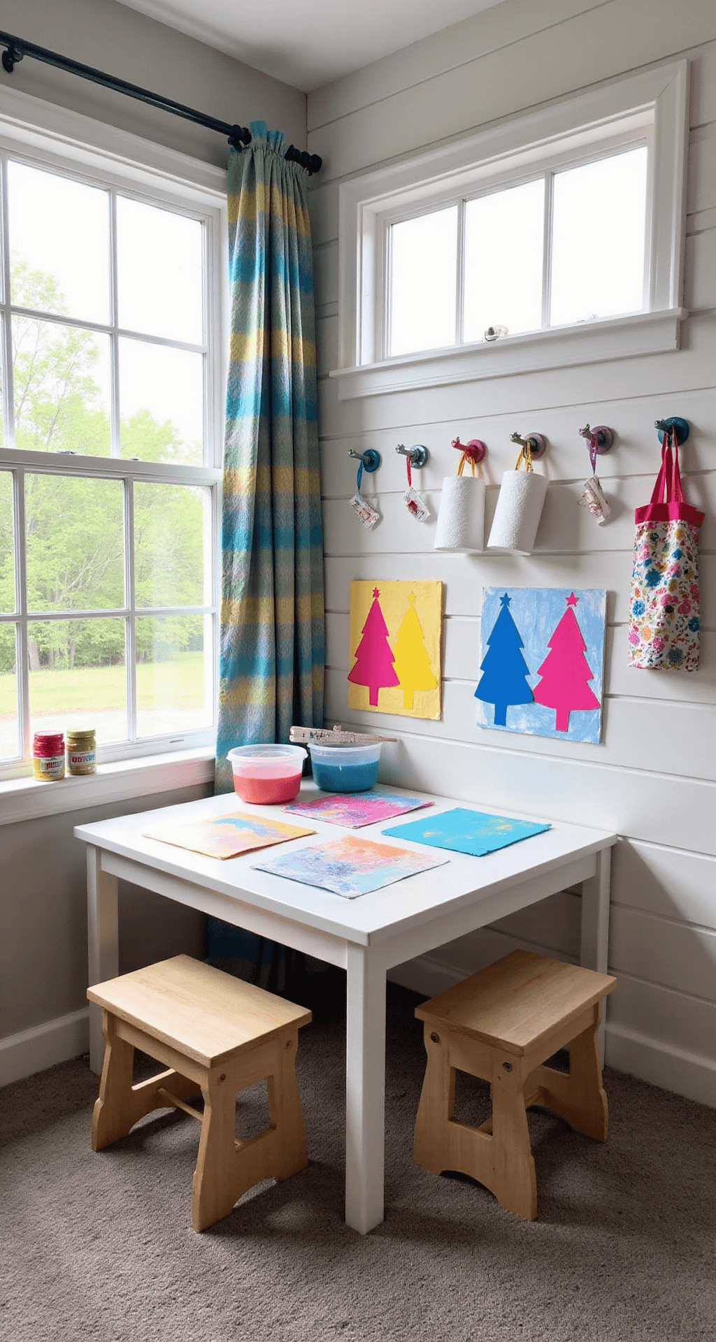 Magical Christmas Tree Paintings: A Complete Guide for Artists of All Levels A vibrant children's playroom corner featuring a tape-resist painting station with colorful Christmas tree silhouettes, illuminated by mid-morning sunlight. A white IKEA craft table surrounded by small wooden stools holds neatly organized supplies, including rolls of painter's tape, cardstock templates, and washable tempera paints in clear plastic bins. Bright background paintings in electric blue, hot pink, and sunshine yellow add to the cheerful atmosphere, while rainbow-striped curtains and colorful hooks enhance the whimsical charm of the space.