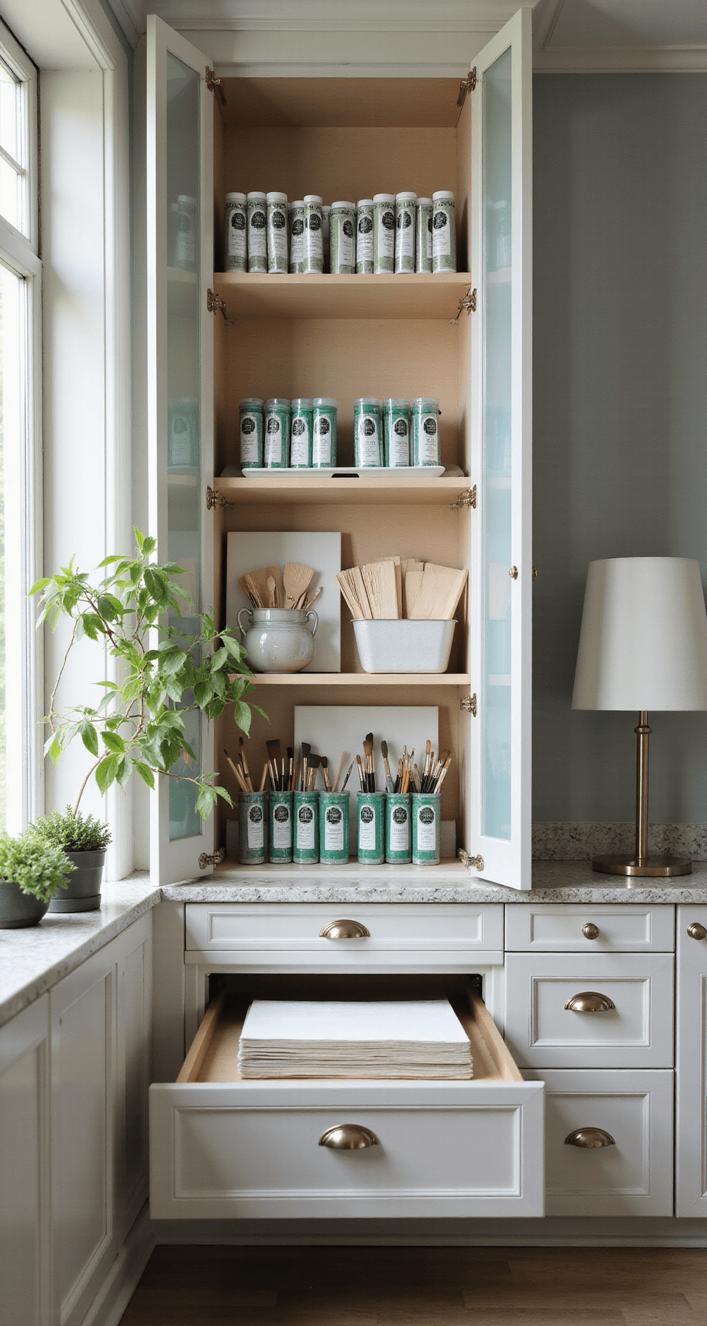 Magical Christmas Tree Paintings: A Complete Guide for Artists of All Levels Sophisticated home art supply storage featuring premium acrylic paints and professional brushes in a custom-built cabinet, illuminated by soft afternoon light filtering through frosted glass, with organized tubes of green shades, elegant glass containers for brushes, and neatly arranged canvases.