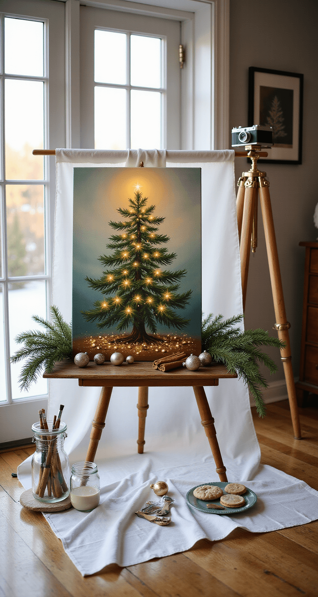 Magical Christmas Tree Paintings: A Complete Guide for Artists of All Levels A beautifully styled photography setup showcasing a glowing Christmas tree painting on a vintage wooden tray, surrounded by fresh pine branches and cinnamon sticks, with tall French doors allowing warm natural light to illuminate the scene. Vintage brass camera, art supplies, and a crisp white linen backdrop enhance the artistic atmosphere.