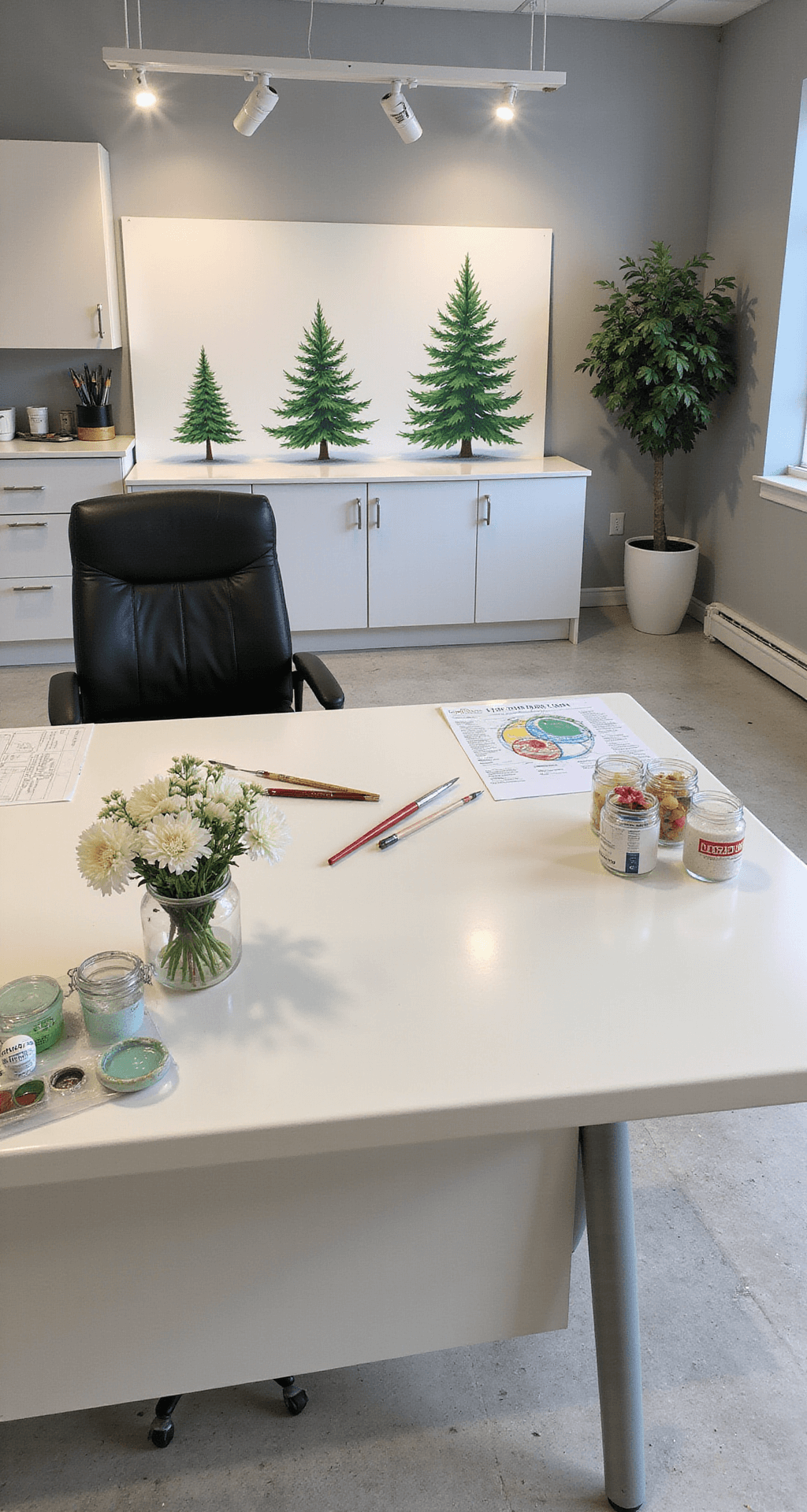 Magical Christmas Tree Paintings: A Complete Guide for Artists of All Levels Inspiring artist workspace featuring solutions for painting challenges, with before-and-after Christmas tree paintings, bright overhead LED lighting, organized brushes in labeled jars, a color-mixing guide, sample paintings showcasing dimensional techniques, modern storage cabinets, an ergonomic stool, and fresh white flowers, all captured from a teaching angle in a professional lighting setting.