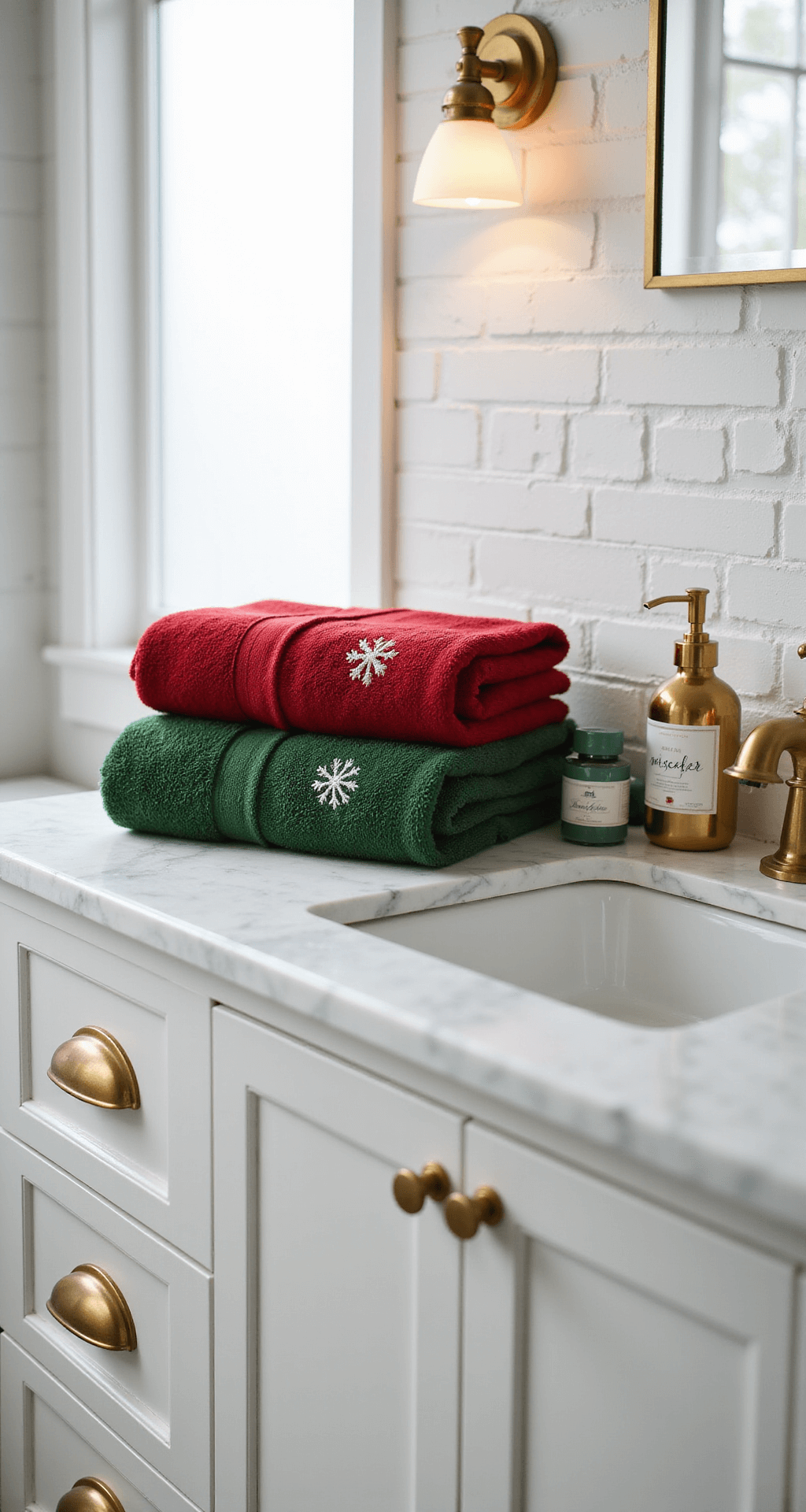 Deck the Halls (and Bathroom): Your Ultimate Christmas Bathroom Decor Guide Modern bathroom featuring Christmas-themed towels in deep red and forest green on a white marble countertop, with brass fixtures and soft morning light filtering through a frosted window, creating a fresh and inviting atmosphere.