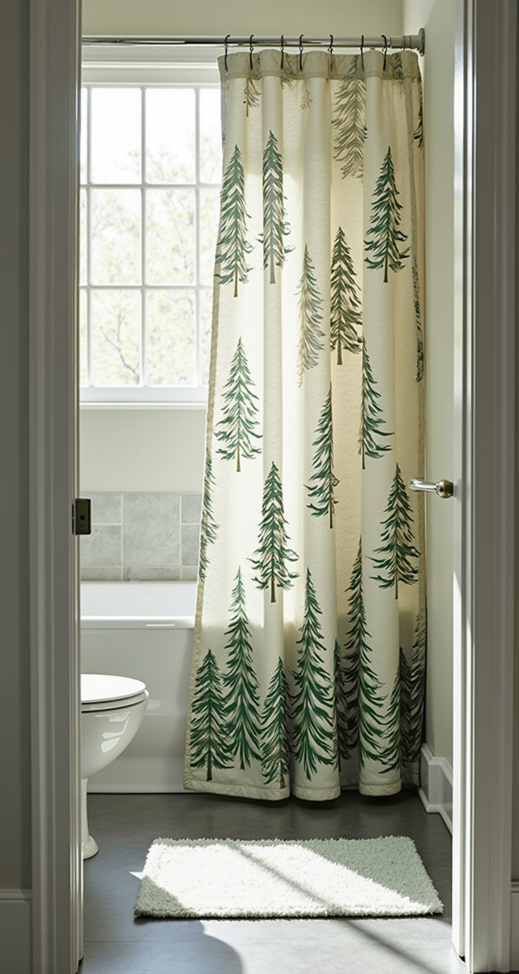 Deck the Halls (and Bathroom): Your Ultimate Christmas Bathroom Decor Guide Elegant bathroom showcasing a festive Christmas shower curtain with a deep green winter forest pattern and gold metallic details, classic white fixtures, and chrome hardware, illuminated by afternoon light. A matching white bath mat complements the warm gray porcelain tiles, creating a serene and sophisticated atmosphere.