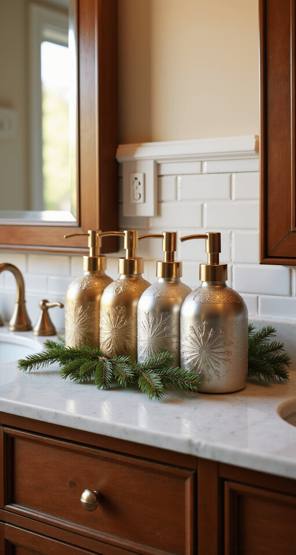 Deck the Halls (and Bathroom): Your Ultimate Christmas Bathroom Decor Guide Luxurious double vanity with gold and silver Christmas soap dispensers, quartz countertop, and warm golden hour lighting, featuring intricate snowflake patterns and fresh pine sprigs against a white subway tile backsplash.
