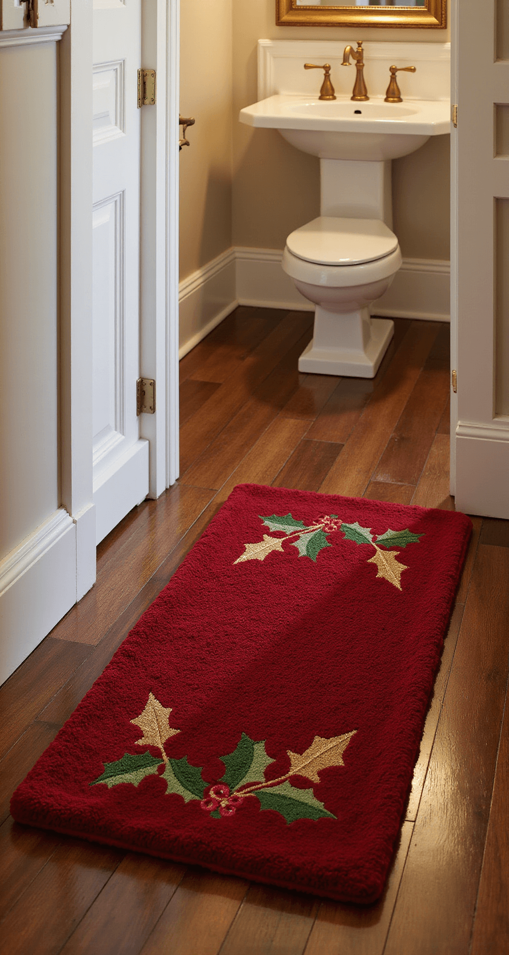 Deck the Halls (and Bathroom): Your Ultimate Christmas Bathroom Decor Guide Cozy bathroom with a plush deep red Christmas bath mat featuring gold accents, surrounded by white wainscoting and dark walnut hardwood floors, illuminated by soft evening light from a pendant fixture. The thick pile mat showcases an embroidered holly leaves and berries pattern, while a white pedestal sink is visible in the background. Warm brass fixtures enhance the festive atmosphere.