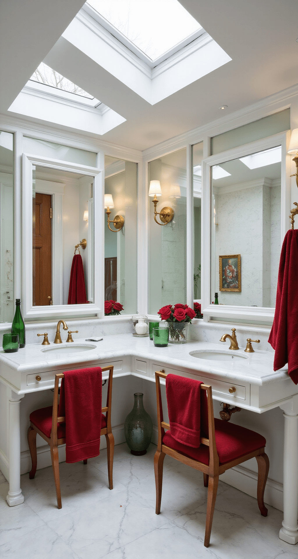 Deck the Halls (and Bathroom): Your Ultimate Christmas Bathroom Decor Guide Sophisticated master bathroom with deep red, forest green, and crisp white elements, featuring marble surfaces, red velvet towels, green glass accessories, and gold accents, illuminated by bright skylight.