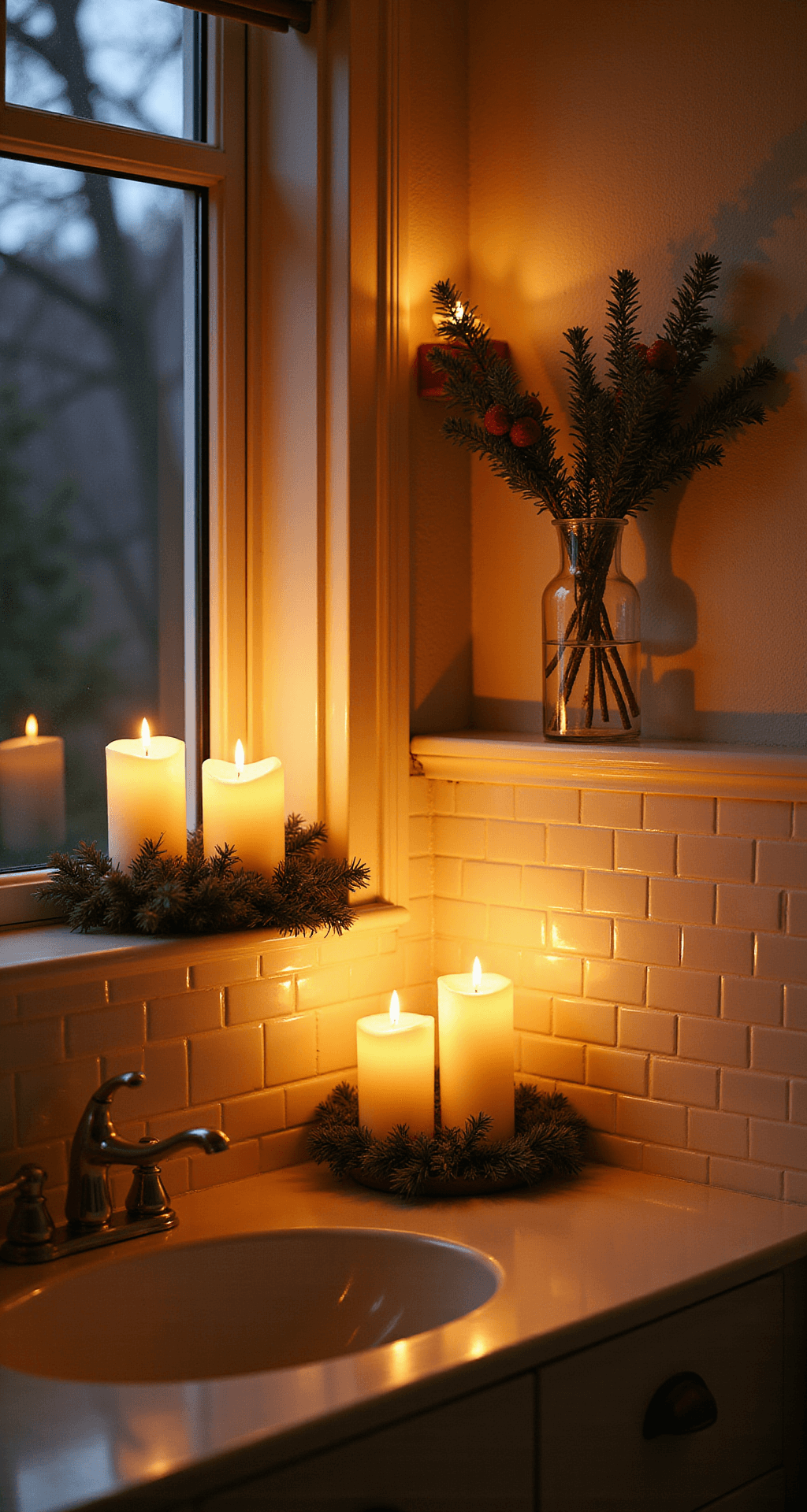Deck the Halls (and Bathroom): Your Ultimate Christmas Bathroom Decor Guide Warmly lit bathroom adorned with LED candles and natural Christmas elements, featuring beadboard walls, vintage fixtures, and a relaxing ambiance enhanced by fresh pine branches and holly in glass vases.