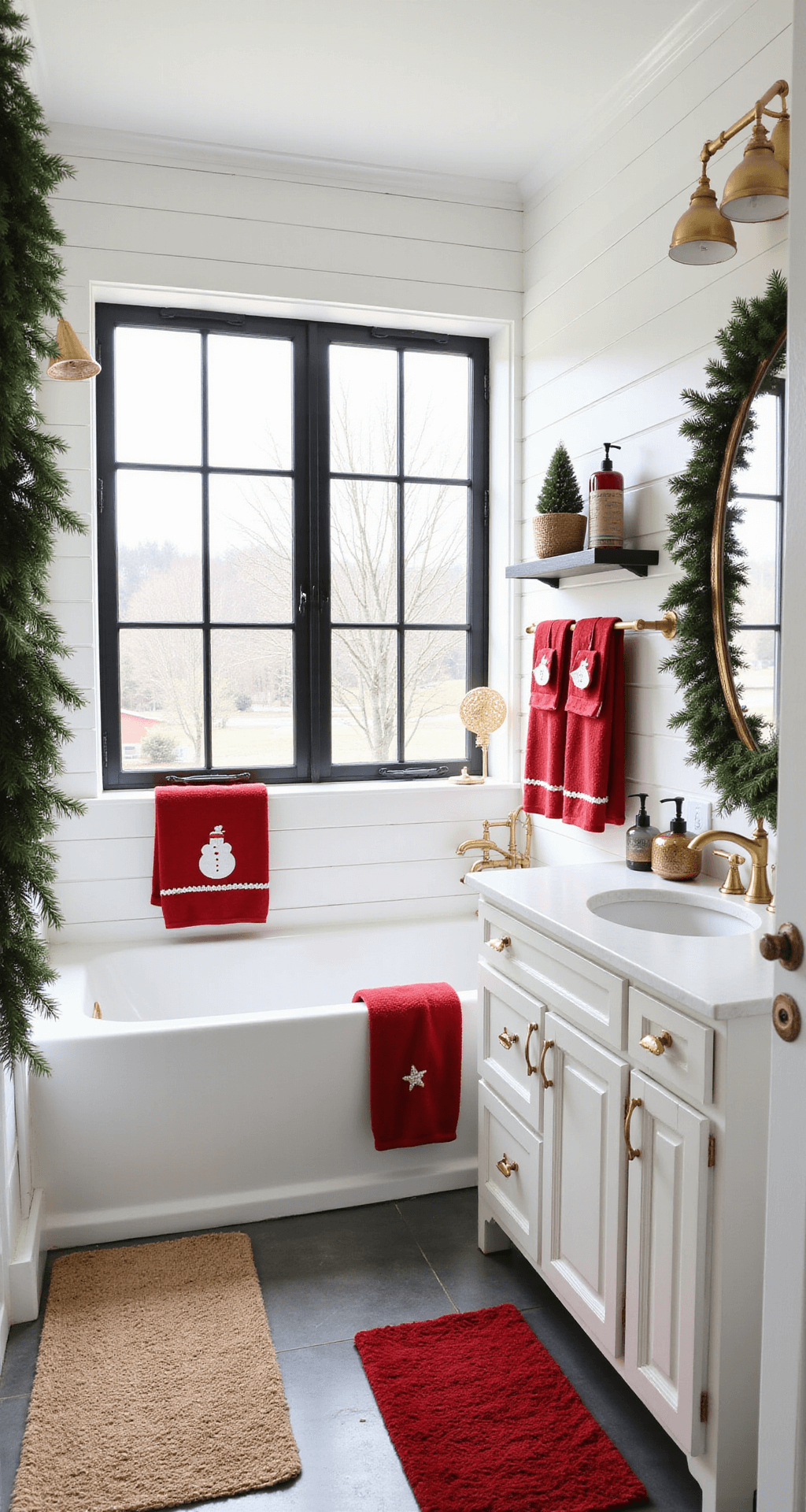 Deck the Halls (and Bathroom): Your Ultimate Christmas Bathroom Decor Guide A beautifully decorated Christmas bathroom featuring modern farmhouse design elements, with red and green towels, festive shower curtain, holiday soap dispensers, and a Christmas bath mat, all harmoniously styled against white shiplap walls and black window frames, illuminated by bright morning light and adorned with a natural pine garland around the mirror.