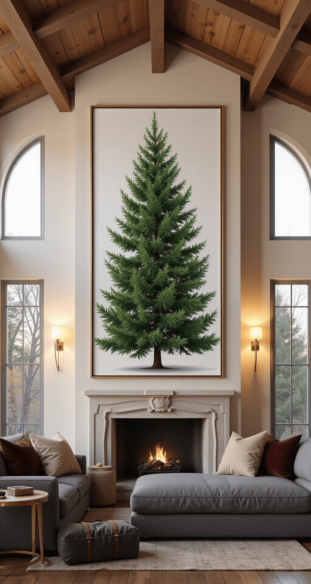 Magical Christmas Tree Illustrations: Your Ultimate Creative Guide A spacious living room with vaulted ceilings features a large framed illustration of a lifelike Christmas tree. The room is bathed in golden hour light, highlighting the cream walls and rich charcoal gray sectional sofa. Decor includes burgundy velvet pillows and brass lamps, creating a cozy atmosphere.