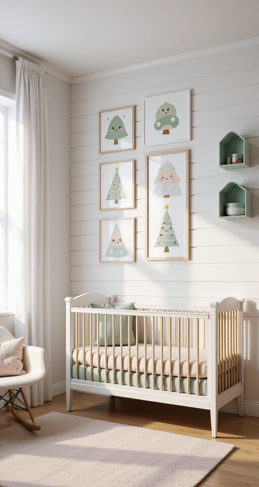 Magical Christmas Tree Illustrations: Your Ultimate Creative Guide Bright children's nursery featuring cartoon Christmas tree illustrations in frames, with white shiplap walls, pale oak flooring, and soft morning light. The room includes a white crib, cream rocking chair, mint green storage baskets, cloud-shaped shelves, and a pale pink geometric rug, all in a sage green, blush pink, and warm white color scheme with gold accents.
