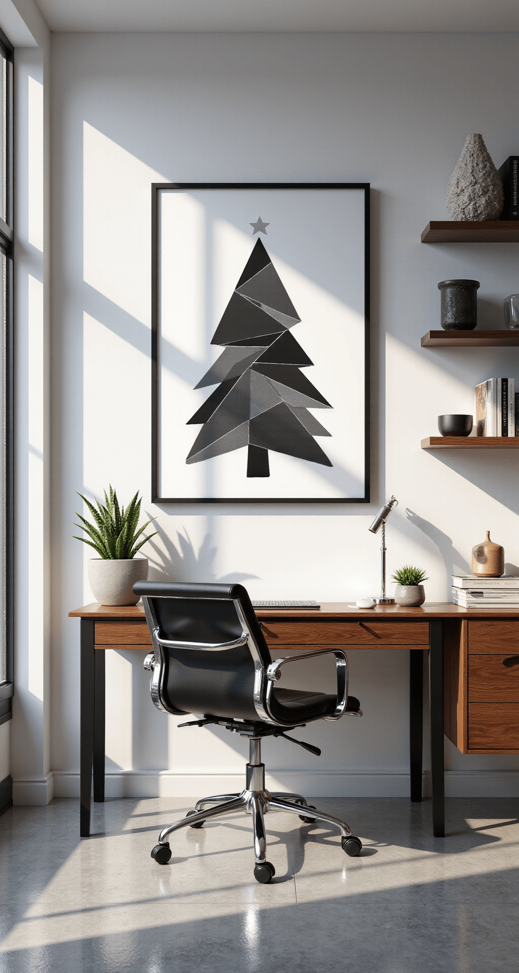Magical Christmas Tree Illustrations: Your Ultimate Creative Guide Sophisticated home office with modern minimalist Christmas tree geometric art, featuring sleek walnut desk, ergonomic black leather chair, and polished concrete floors illuminated by crisp afternoon light.