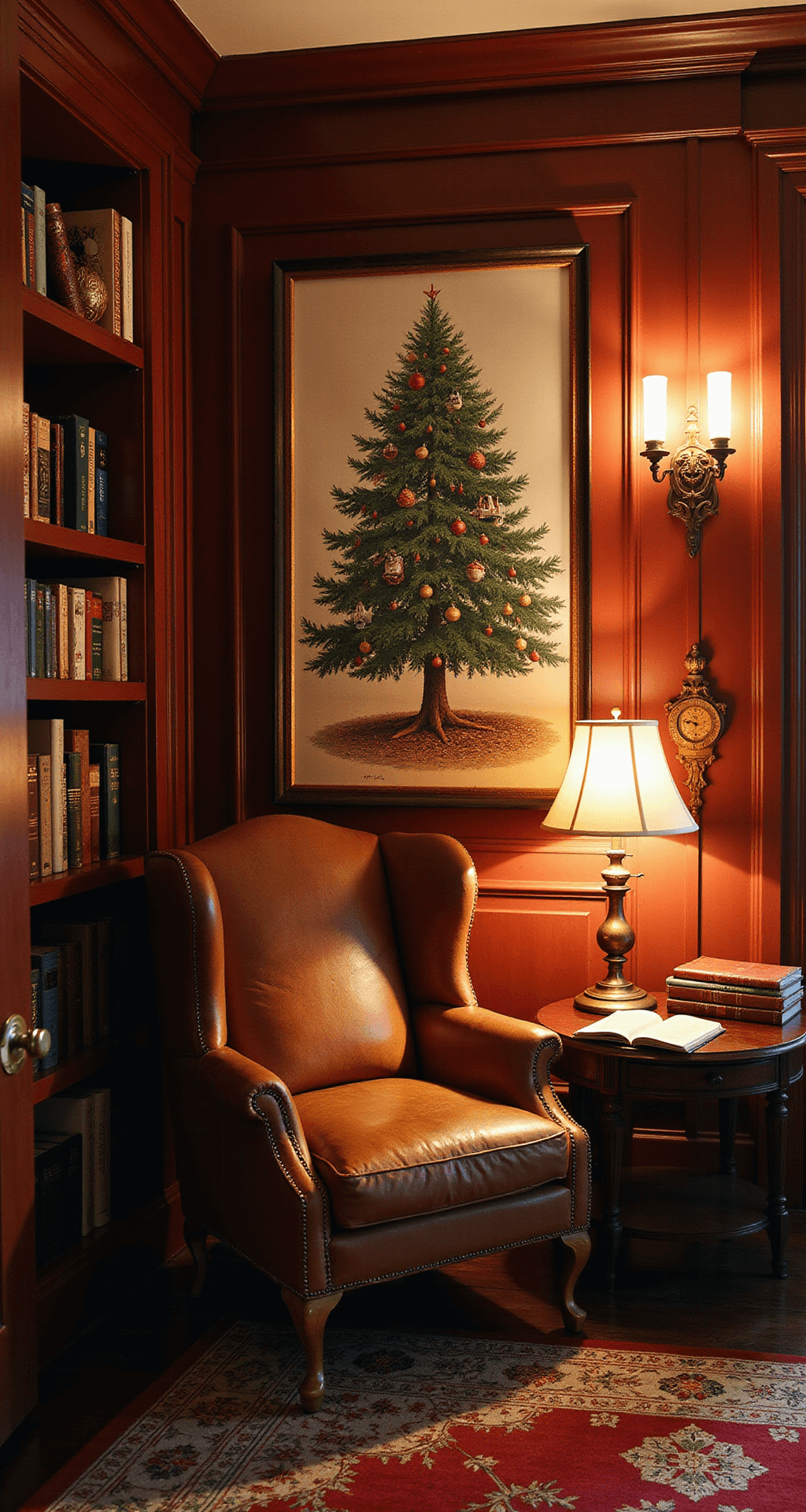 Magical Christmas Tree Illustrations: Your Ultimate Creative Guide Cozy vintage-inspired study with rich mahogany paneling, warm lamplight pooling on burgundy walls, featuring nostalgic Christmas tree artwork in aged brass frames, classic wingback chair, built-in bookshelves, and a Persian area rug, all creating an intimate, warm atmosphere.