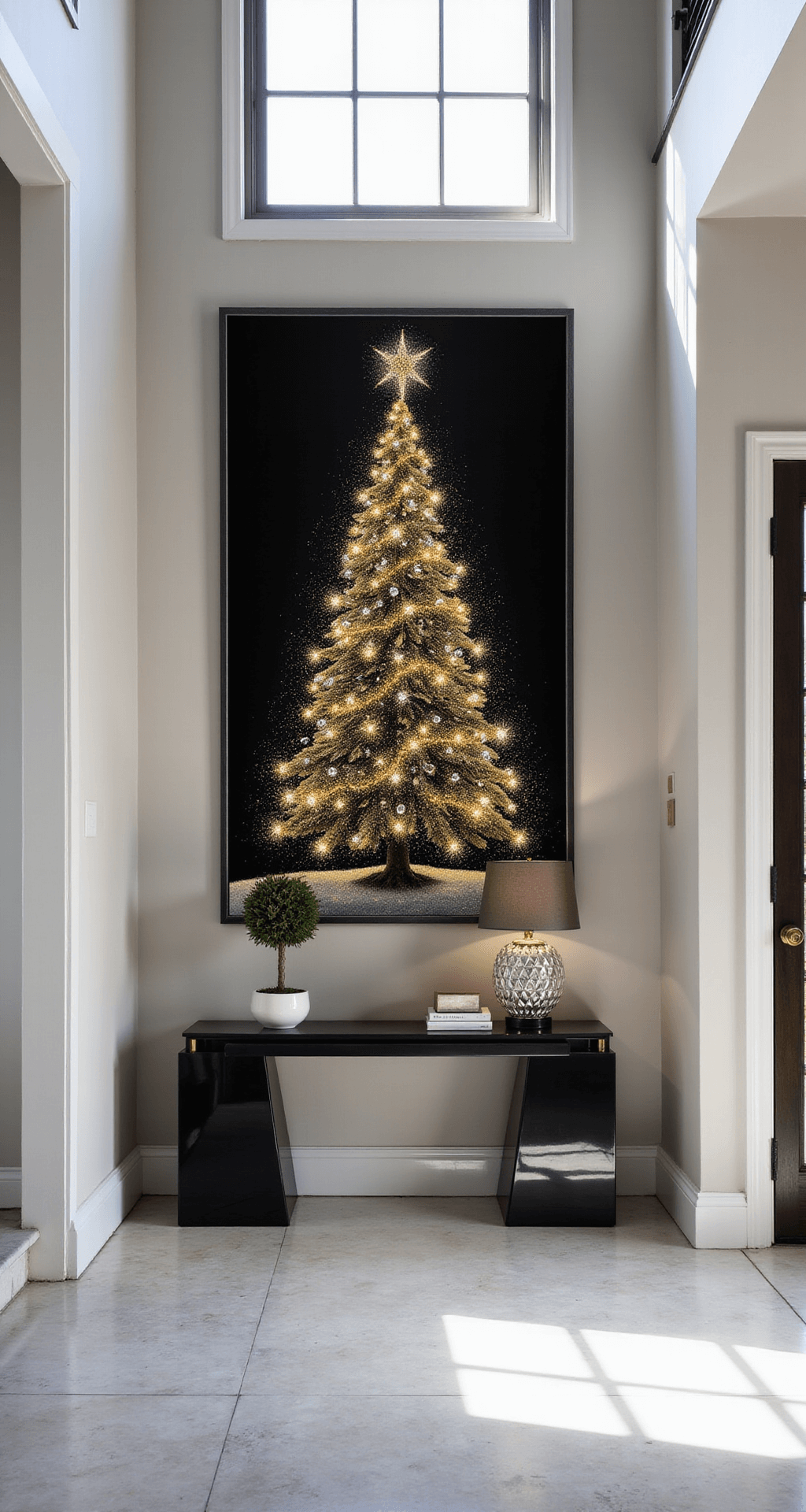 Magical Christmas Tree Illustrations: Your Ultimate Creative Guide Modern entryway featuring a twinkling Christmas tree illustration in an oversized black frame, showcasing metallic accents and dramatic shadows from midday light. A sleek black console table with geometric legs holds a crystal lamp and a white ceramic topiary, while a mirror with brass detailing complements the sophisticated color palette of black, gold, silver, and white.