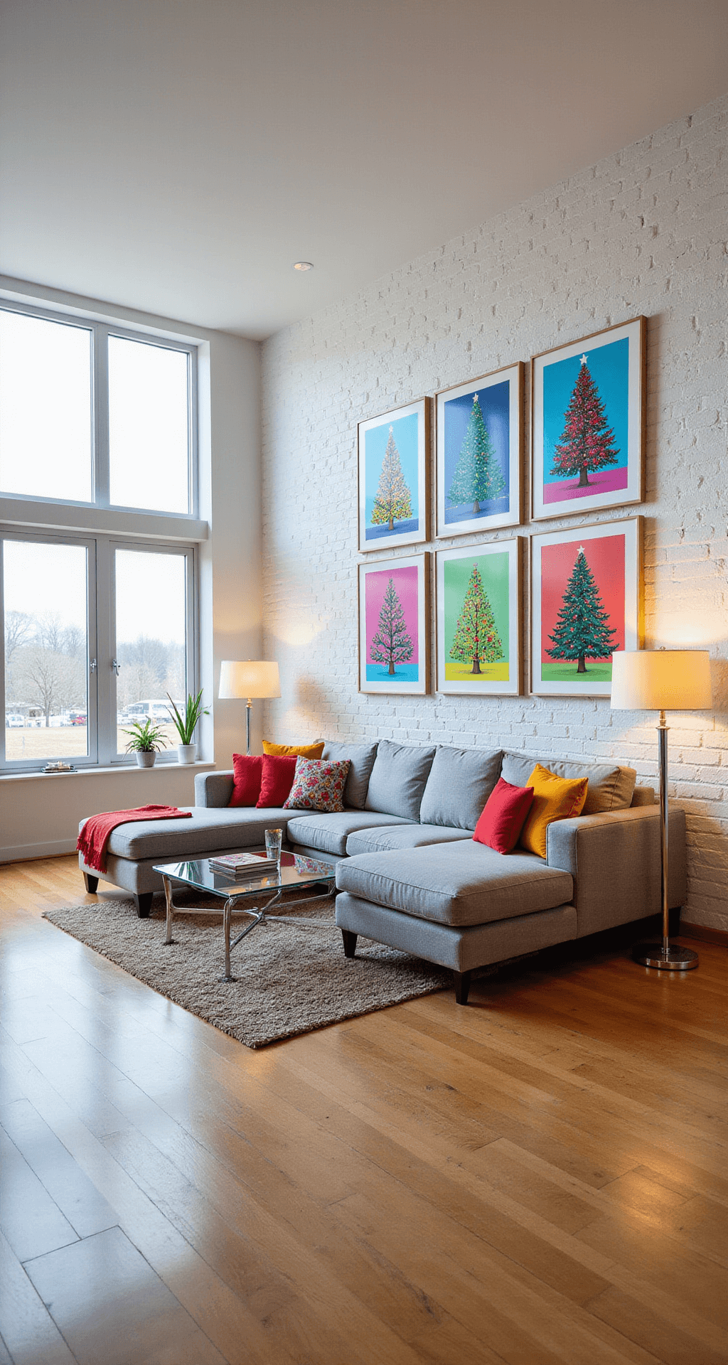 Magical Christmas Tree Illustrations: Your Ultimate Creative Guide Contemporary open-concept living space with polished hardwood floors, white brick accent wall, and an artistic gallery wall showcasing vibrant pop art Christmas tree prints in electric blues, hot pinks, and lime greens. A neutral gray sectional and colorful throw pillows create a cozy conversation area under bright natural light from oversized windows.