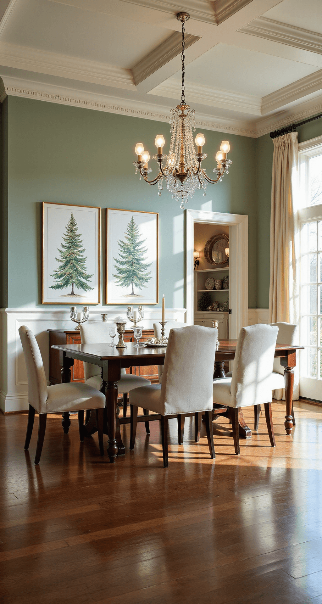 Magical Christmas Tree Illustrations: Your Ultimate Creative Guide Elegant formal dining room featuring a mahogany table and upholstered chairs, illuminated by soft afternoon light through French doors, showcasing watercolor Christmas tree artwork in gold frames on sage green walls.