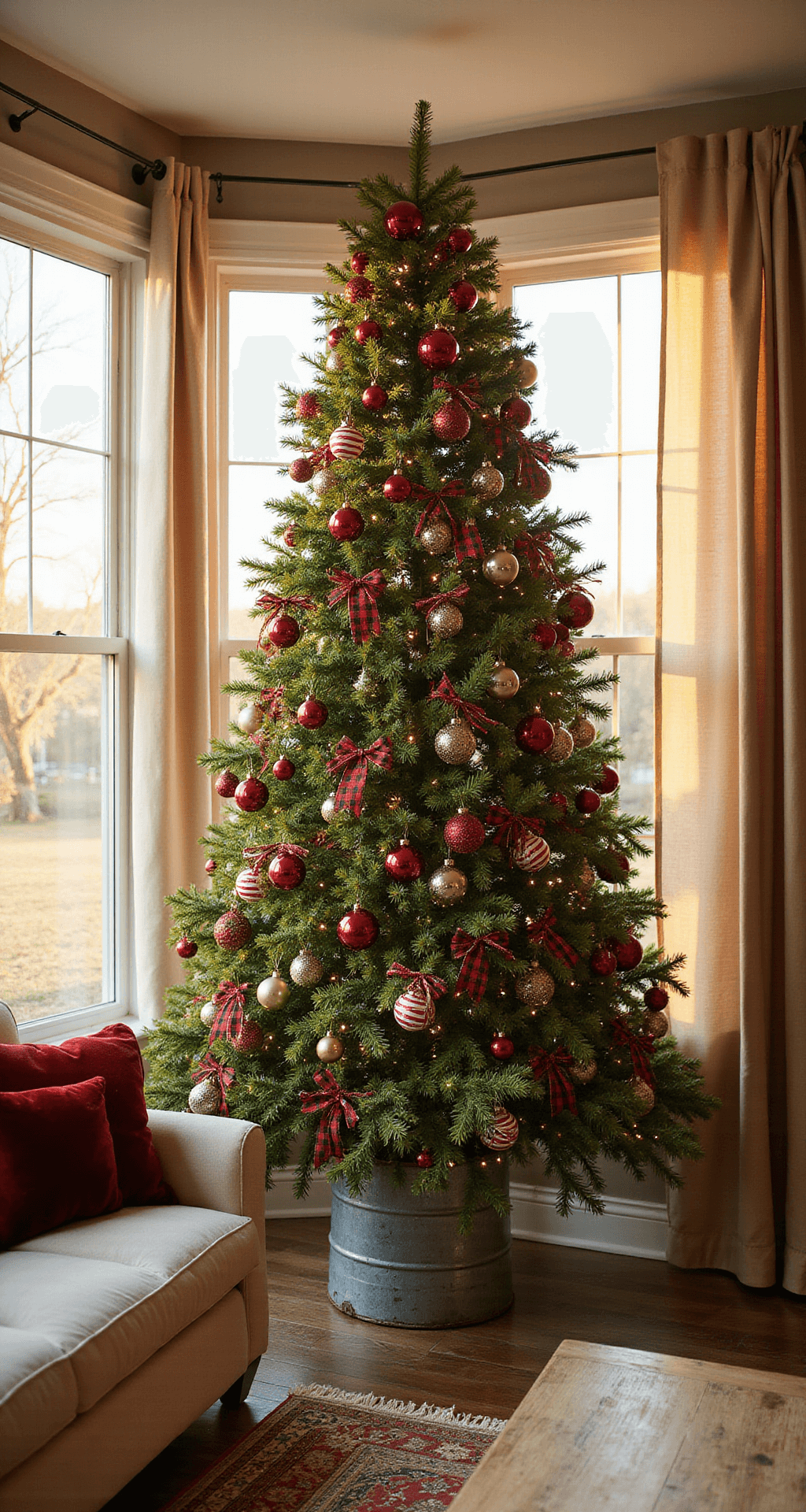 A Classic Red and Green Christmas Tree: Your Ultimate Decorating Guide Wide-angle shot of a cozy living room at golden hour, featuring an 8-foot Fraser fir Christmas tree in a bay window, adorned with red and green decorations, surrounded by a cream sectional sofa and rustic coffee table.