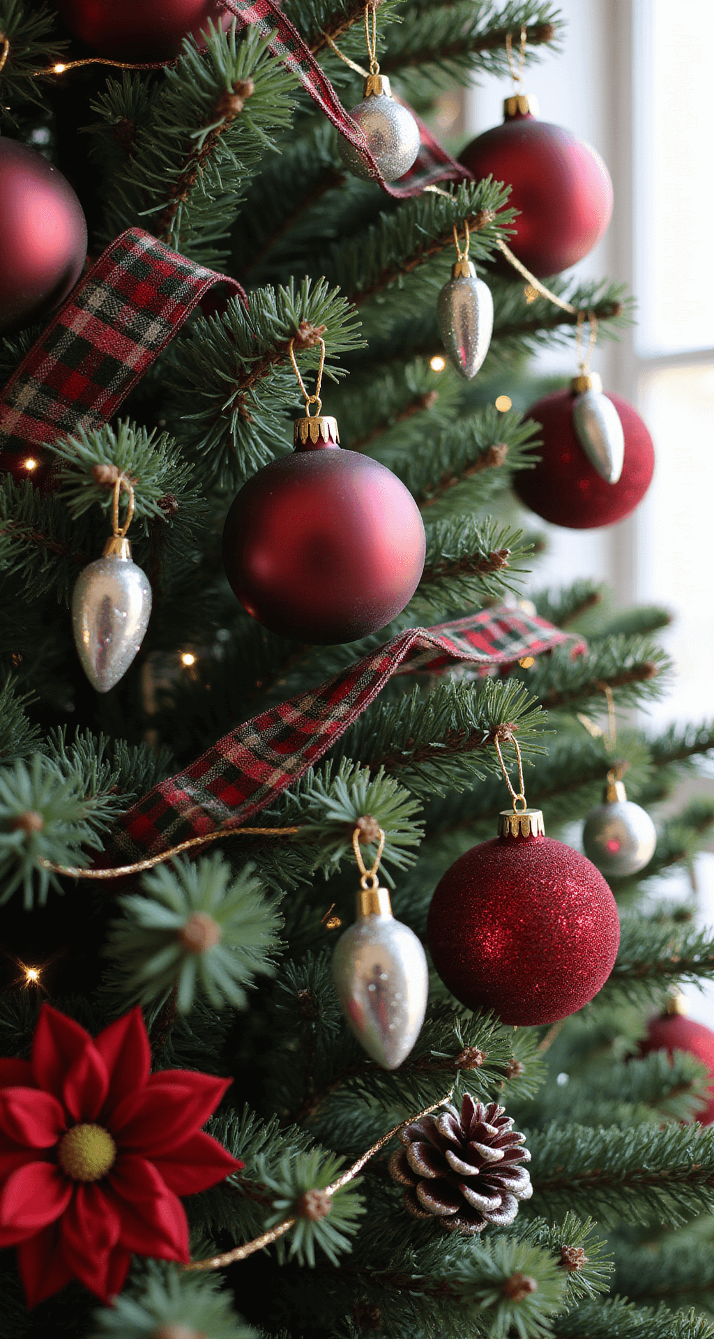 A Classic Red and Green Christmas Tree: Your Ultimate Decorating Guide Close-up macro shot of Christmas tree branches featuring deep emerald green pine needles intertwined with matte burgundy and glossy red ornaments, along with shimmering glittered decorations. The composition includes burgundy velvet poinsettias, delicate cranberry red beaded garlands, and mercury glass icicle ornaments. Tartan plaid ribbon in hunter green and deep red weaves through the branches, while natural pinecones dusted with artificial snow add texture. Soft window light enhances the intricate details and layers.