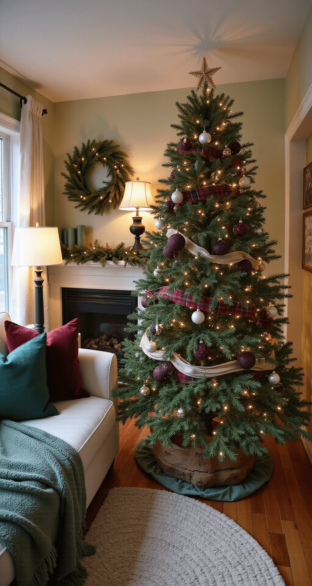 A Classic Red and Green Christmas Tree: Your Ultimate Decorating Guide A cozy living room adorned with a beautifully decorated 7-foot Noble fir tree in deep burgundy, forest green, and sage green hues, complemented by matching decor and warm ambient lighting.