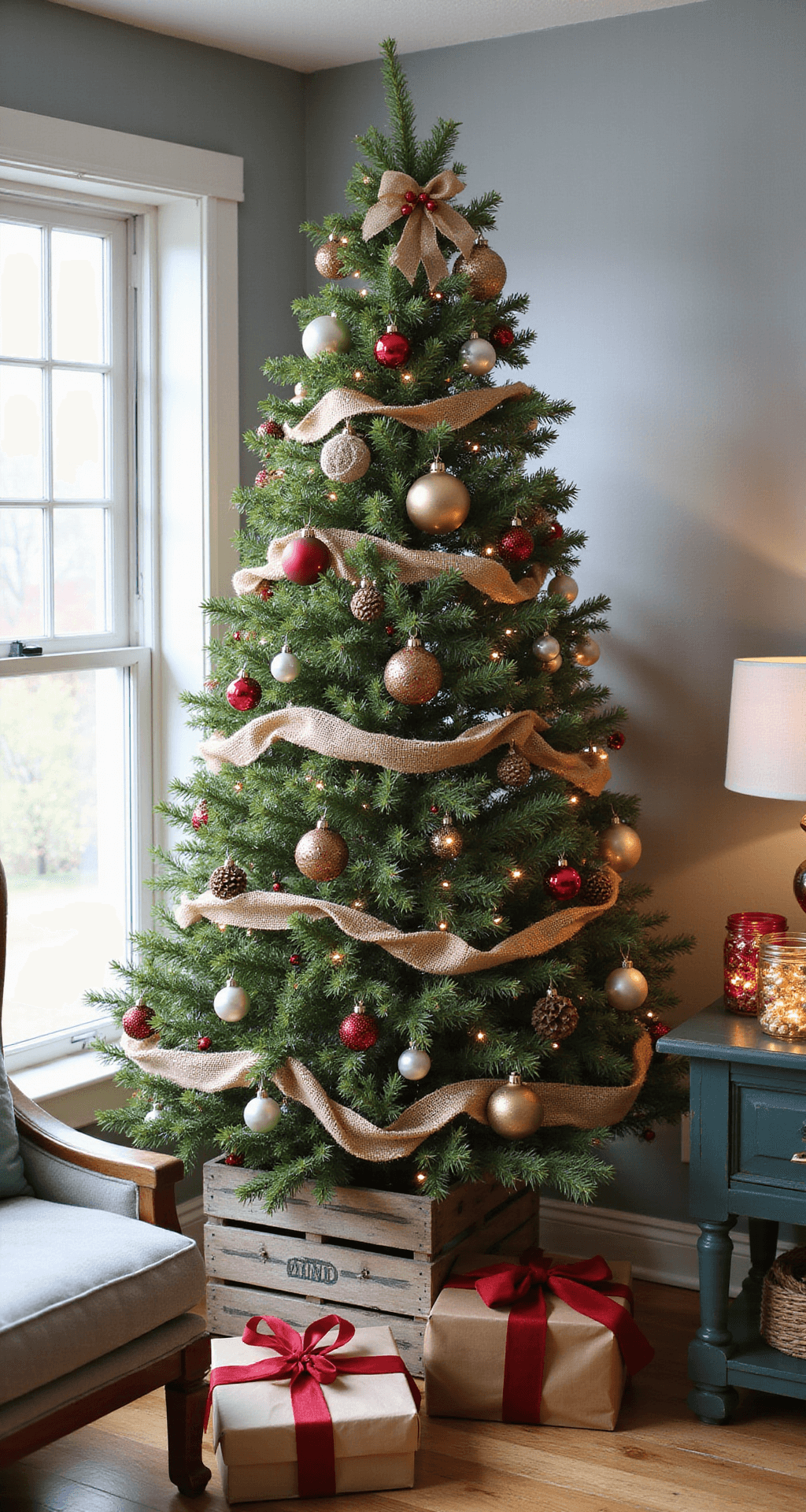 A Classic Red and Green Christmas Tree: Your Ultimate Decorating Guide Intimate scene of a cozy Christmas corner featuring a modest 5-foot tree adorned with gold-accented pinecones, handmade paper ornaments, and vintage family decorations. Surrounded by natural elements like holly and pine boughs, the tree is elevated on a wooden crate. Nearby, a side table displays DIY pinecone decorations and fairy lights in mason jars, all bathed in warm afternoon light, creating a festive and handcrafted atmosphere.
