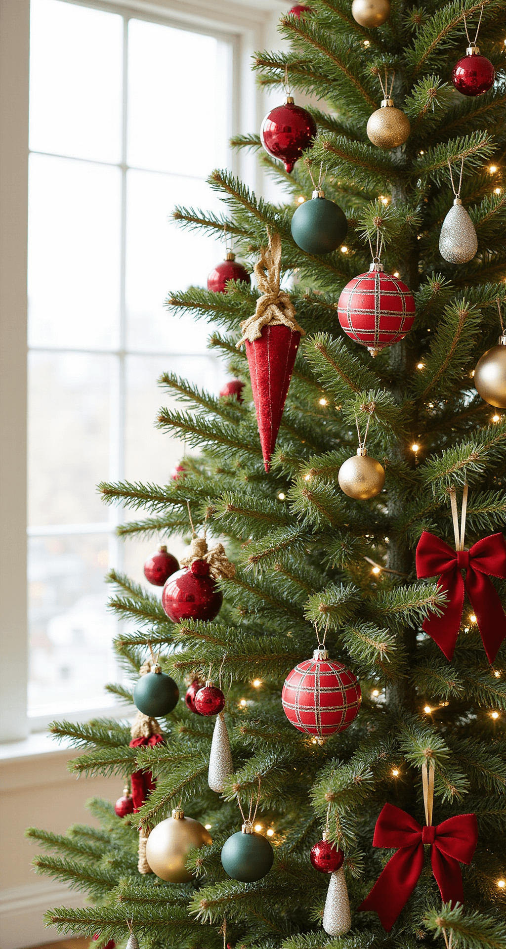 A Classic Red and Green Christmas Tree: Your Ultimate Decorating Guide A beautifully styled 8-foot Christmas tree in a bright, airy room, featuring expertly placed ornaments including large plaid-wrapped spheres, vintage mercury glass teardrops, and red velvet bows, showcasing negative space and varied finishes like high-gloss red, matte green, and glittered accents, all arranged to highlight the tree's natural branch structure.