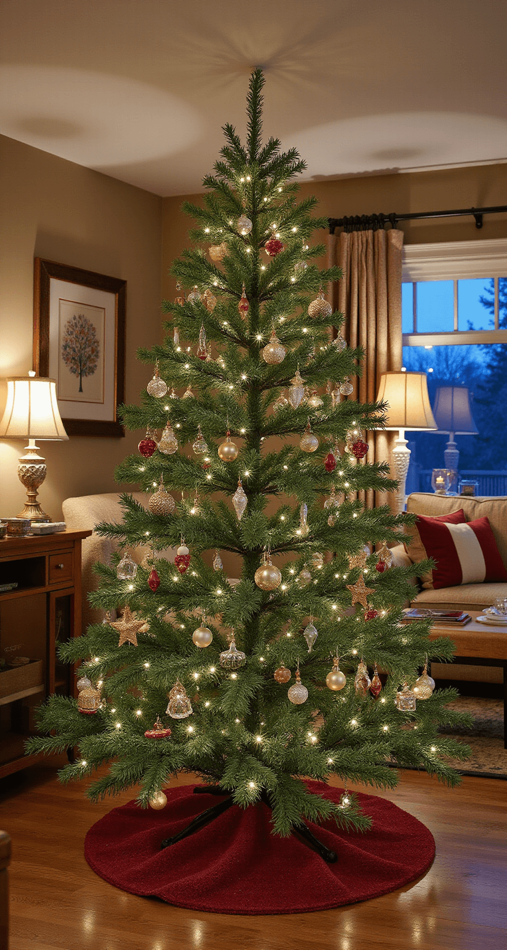 A Classic Red and Green Christmas Tree: Your Ultimate Decorating Guide Elegant living room featuring a perfectly decorated 7-foot artificial Noble fir tree during blue hour, showcasing balanced ornament sizes and colors, warm wood floors, neutral furniture, and subtle red and green accents, all illuminated by layered lighting for a cozy atmosphere.