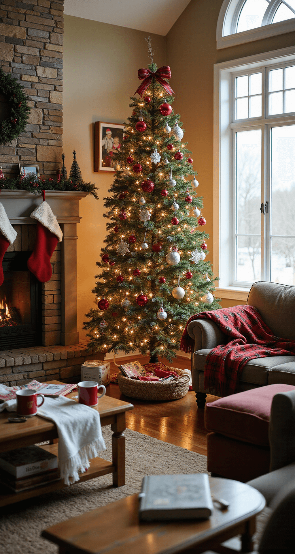 A Classic Red and Green Christmas Tree: Your Ultimate Decorating Guide A heartwarming family scene during the morning light, featuring a beautifully decorated Christmas tree with red and green ornaments, surrounded by comfortable seating, festive throw blankets, and holiday decor including stockings on a stone fireplace and gift-wrapping supplies, all capturing the essence of joy and togetherness.