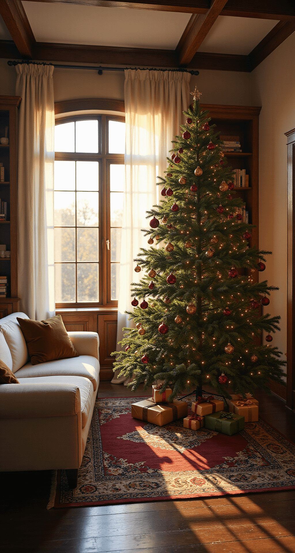 Ultimate Guide to Christmas Tree Ornaments: Decking Your Halls with Style and Personality A cozy living room featuring a 7-foot Fraser fir Christmas tree adorned with glass ball ornaments in rich colors, illuminated by golden hour sunlight streaming through sheer white curtains. The scene includes a vintage Persian rug, wrapped presents, a cream-colored sectional sofa with velvet throw pillows, dark hardwood floors, and exposed wooden beams on the ceiling, evoking an intimate and warm atmosphere.