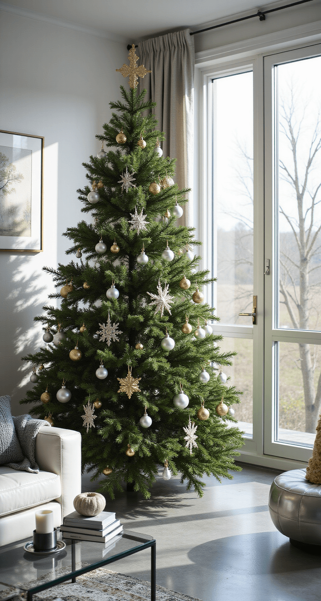 Ultimate Guide to Christmas Tree Ornaments: Decking Your Halls with Style and Personality A modern Scandinavian-style living room with a 6.5-foot Noble fir Christmas tree adorned in silver and gold metallic ornaments, illuminated by bright morning light filtering through floor-to-ceiling windows, showcasing polished concrete floors and minimalist furniture.
