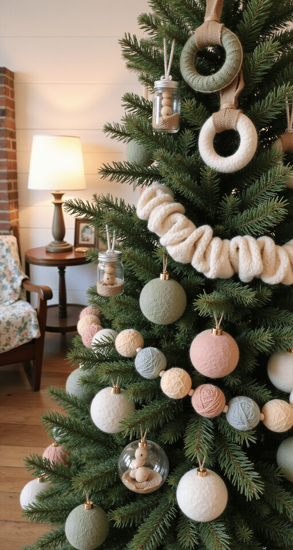 Ultimate Guide to Christmas Tree Ornaments: Decking Your Halls with Style and Personality Close-up of a Christmas tree section adorned with handmade DIY ornaments in a rustic farmhouse living room, featuring mason jar lid wreaths, wooden bead snowmen, dried orange slice garlands, and yarn-wrapped baubles, all illuminated by warm afternoon light from a table lamp. The backdrop includes white shiplap walls and a brick fireplace, with a vintage quilt draped over a wooden rocking chair.