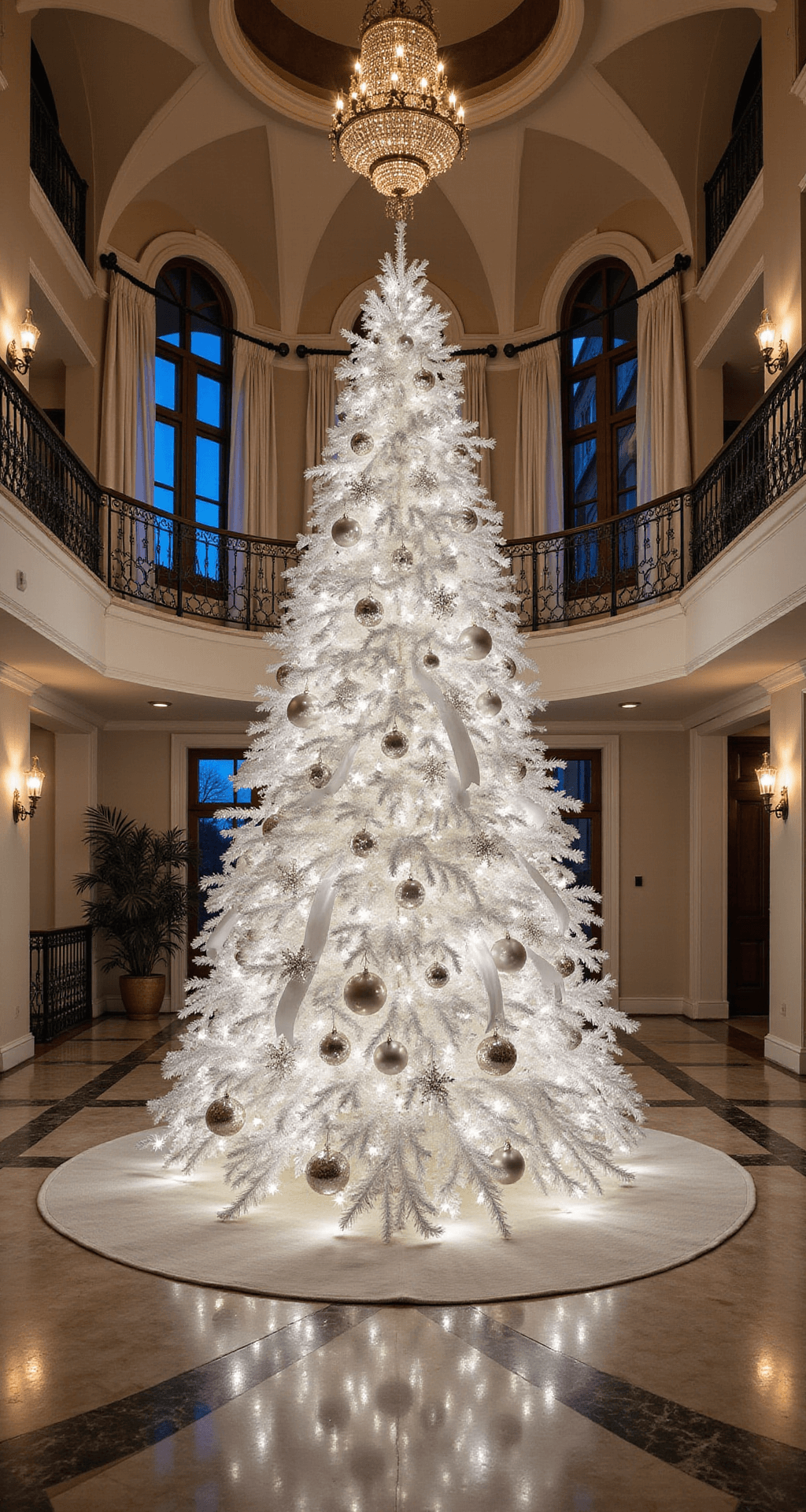 Ultimate Guide to Christmas Tree Ornaments: Decking Your Halls with Style and Personality A dramatic low-angle view of a grand 10-foot Christmas tree adorned with glass snowflakes, mercury glass baubles, and white satin ribbon, illuminated by chandelier and spotlights in a two-story foyer with cathedral ceilings and marble floors, showcasing elegant architectural details and luxurious decor.