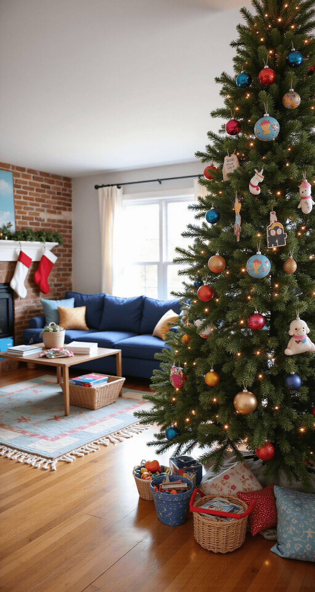 Ultimate Guide to Christmas Tree Ornaments: Decking Your Halls with Style and Personality A vibrant family living room featuring a 7-foot Christmas tree adorned with colorful, shatterproof ornaments, a navy sectional with washable slipcovers, a play area with colorful rugs, and a painted brick fireplace with stockings. Natural morning light fills the space, highlighting child-friendly decorations and a cozy, festive atmosphere.