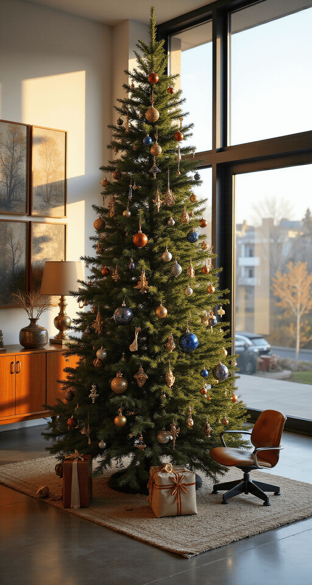 Ultimate Guide to Christmas Tree Ornaments: Decking Your Halls with Style and Personality A contemporary living space featuring a beautifully decorated Christmas tree with collector-quality ornaments, illuminated by late afternoon golden light streaming through floor-to-ceiling windows. The minimalist room boasts polished concrete floors, mid-century modern furniture, and gallery-white walls, with each ornament arranged with artistic precision in a rich color palette.