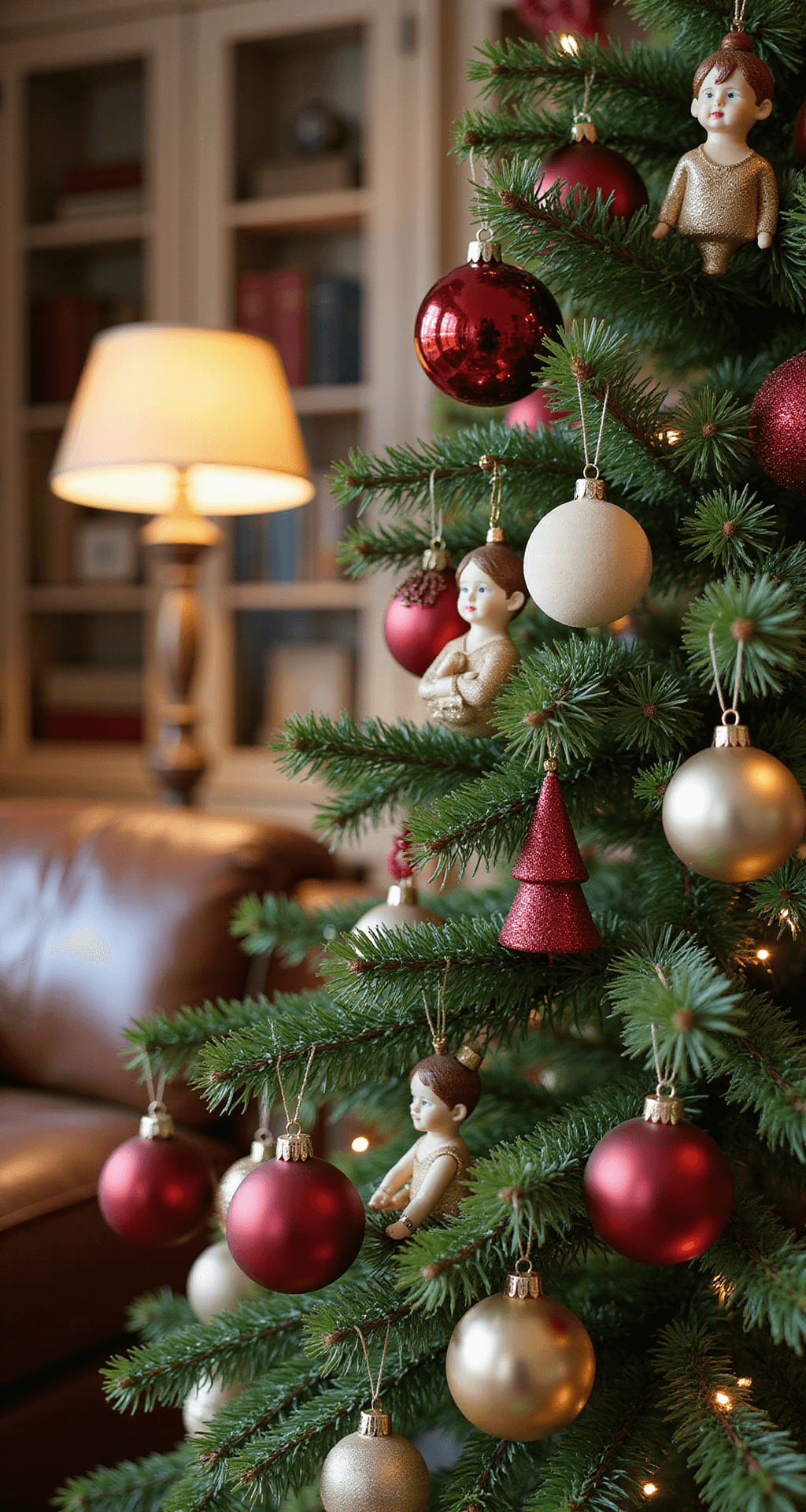 Ultimate Guide to Christmas Tree Ornaments: Decking Your Halls with Style and Personality Macro shot of a styled Christmas tree section featuring Noble fir branches adorned with a mix of burgundy, gold, and cream ornaments, including matte velvet baubles, glossy ceramic figurines, wooden stars, and glass teardrops, illuminated by soft evening lamplight, with a cozy living room backdrop.