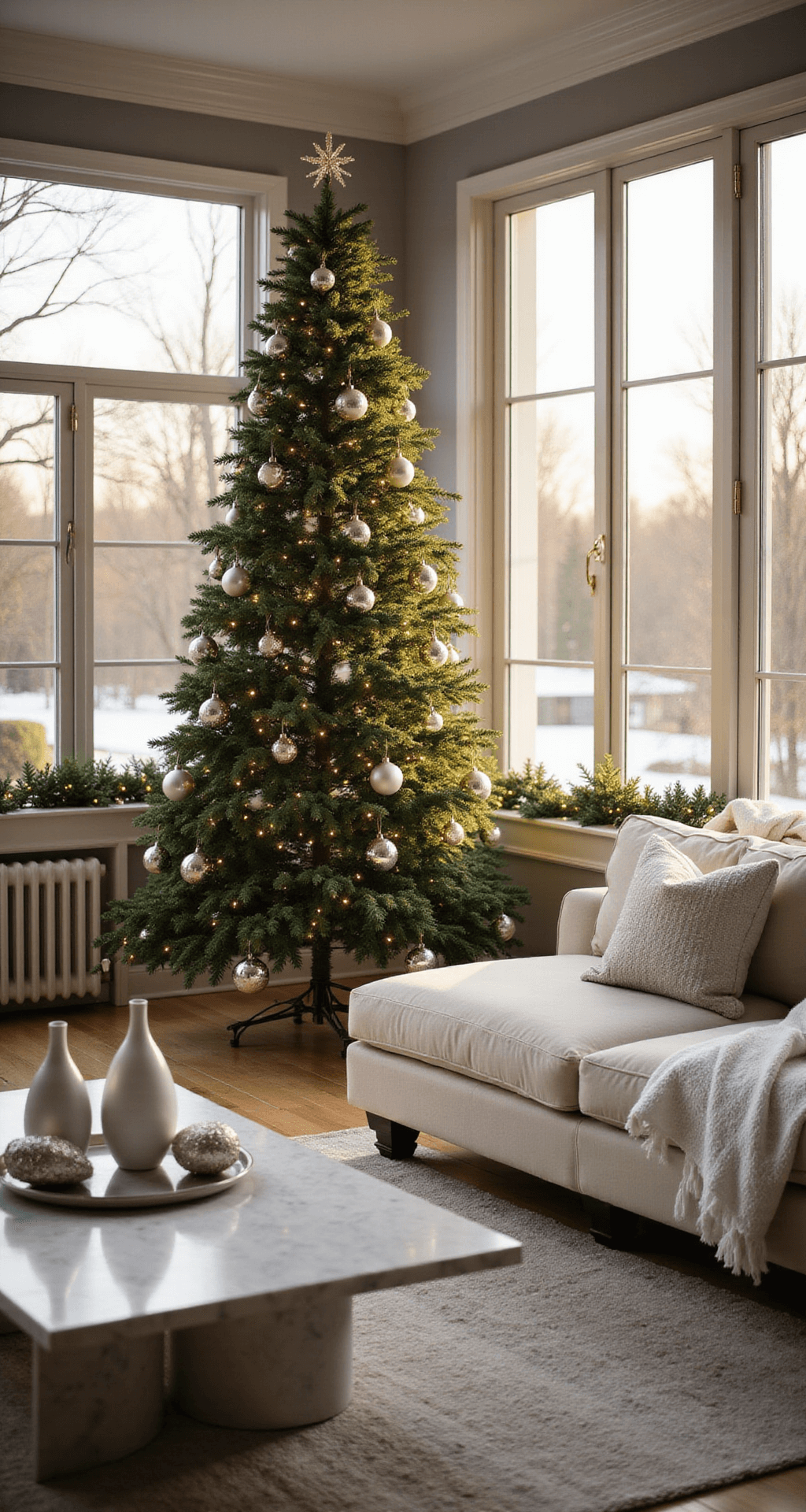 Magical Christmas Tree Decorating: Your Ultimate Guide to Festive Home Styling Professional interior photograph of a modern minimalist living room during golden hour, featuring a 9-foot Fraser fir Christmas tree adorned with metallic silver baubles and warm white fairy lights, complemented by a cream-colored sectional sofa, polished marble coffee table, and dove gray walls. Natural light streams in through tall windows, enhancing the cozy atmosphere with soft shadows and warm tones.