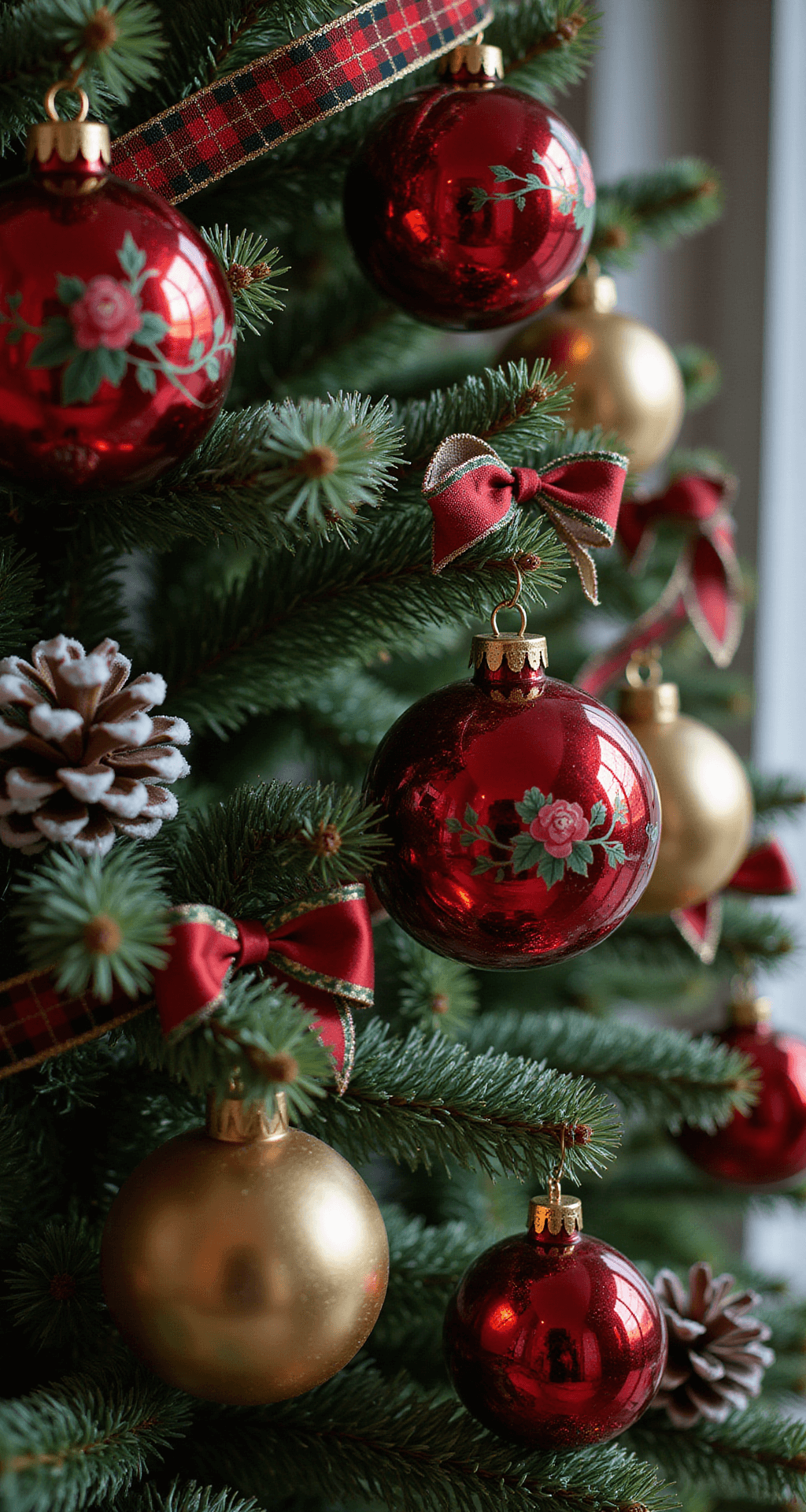Magical Christmas Tree Decorating: Your Ultimate Guide to Festive Home Styling Close-up of a traditional Christmas tree adorned with vintage glass ornaments, deep burgundy velvet ribbons, and emerald green garland, featuring rich textures and warm tungsten lighting that highlight gold accents and shadows, creating a dreamy, vintage charm.