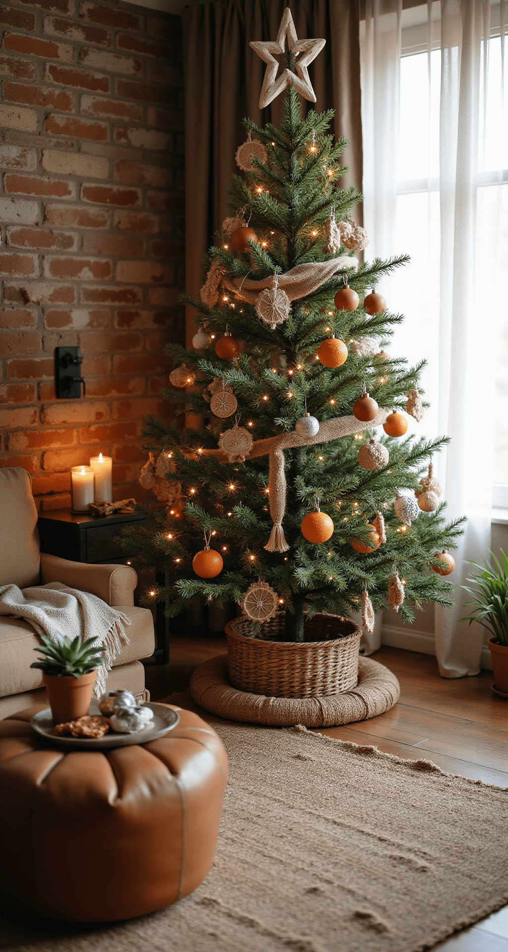Magical Christmas Tree Decorating: Your Ultimate Guide to Festive Home Styling Bohemian chic living space with afternoon diffused lighting, featuring a Christmas tree adorned with earthy terracotta ornaments, macrame garland, and dried orange slices. Low-profile furniture and a worn leather ottoman on a jute rug, accented by an exposed brick wall and natural wood elements. Warm rust, sage green, and cream color palette enhanced by ambient lighting from string lights and candles, with handmade pottery ornaments and small succulents adding to the eclectic decor.
