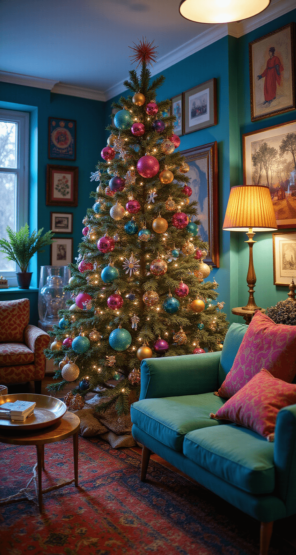 Magical Christmas Tree Decorating: Your Ultimate Guide to Festive Home Styling Eclectic maximalist Christmas tree in a colorful living room, featuring vintage mismatched ornaments in hot pink, turquoise, gold, and purple, surrounded by mid-century modern furniture and layered lighting during blue hour.