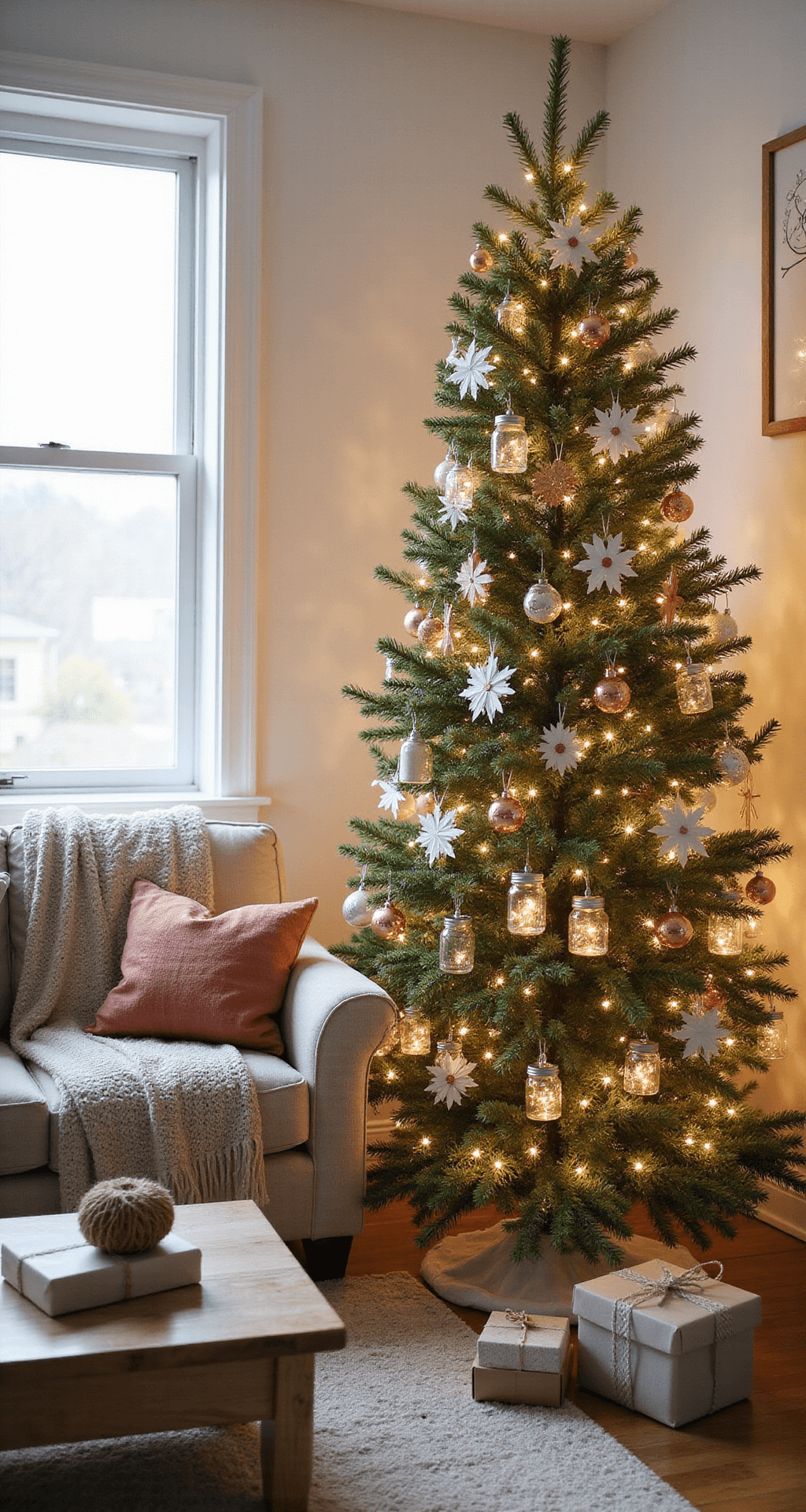 Magical Christmas Tree Decorating: Your Ultimate Guide to Festive Home Styling A cozy apartment scene featuring a modest 6-foot DIY Christmas tree adorned with paper snowflakes, metallic copper pinecones, and mason jar ornaments filled with fairy lights. The space includes a thrifted wooden coffee table and a neutral beige couch with knitted throws, all bathed in soft morning light from a nearby window. The styling includes newspaper-wrapped presents with twine bows and cinnamon stick bundles, creating a warm, inviting holiday atmosphere.