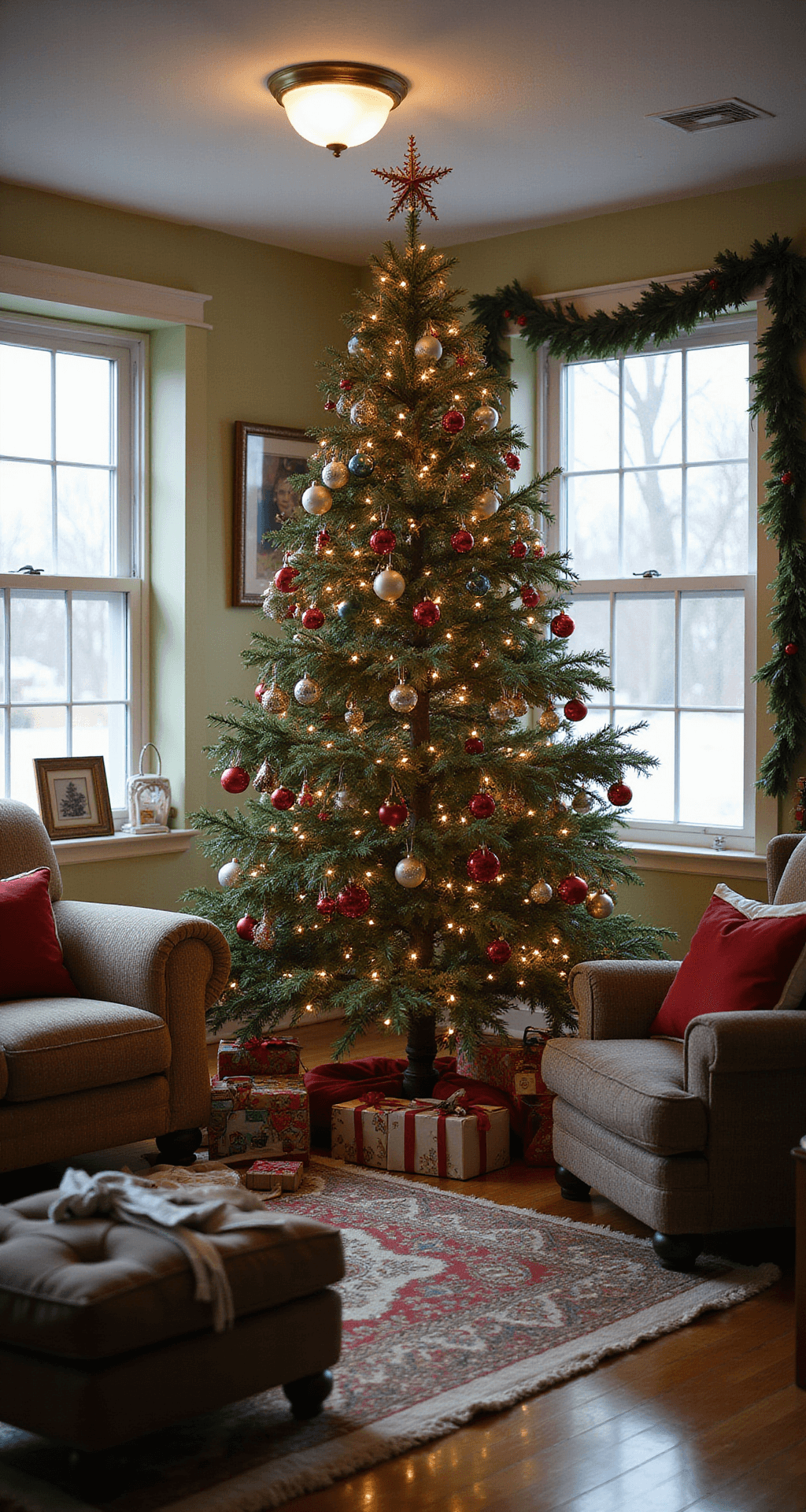 Magical Christmas Tree Decorating: Your Ultimate Guide to Festive Home Styling An overcrowded and cluttered living room decorated for Christmas, featuring a tree with mismatched ornaments, a forgotten tree topper, and an unbalanced color scheme. Poor spatial planning shows furniture blocking the tree view, while inadequate lighting creates dark shadows. The scene is chaotic, with tangled lights and randomly placed ornaments, highlighting common decorating mistakes.