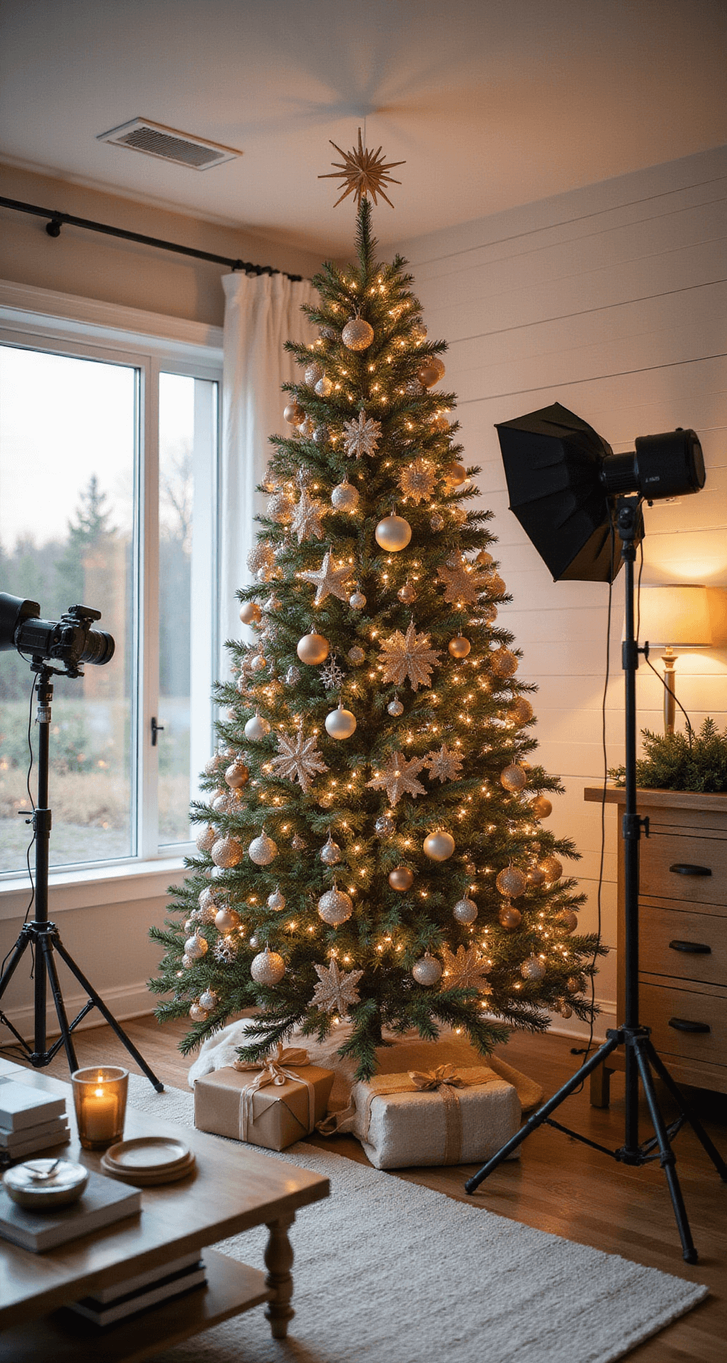 Magical Christmas Tree Decorating: Your Ultimate Guide to Festive Home Styling A beautifully styled 8-foot Noble fir Christmas tree in a modern farmhouse living room, adorned with rose gold and blush pink ornaments, set during golden hour with professional lighting equipment in the background, featuring a cozy atmosphere and picture-perfect details for Instagram sharing.
