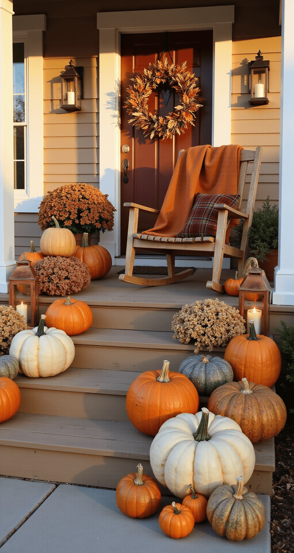 Mastering Fall Outdoor Decor: Your Ultimate Guide to Creating a Stunning Seasonal Display A welcoming front porch during golden hour, featuring honey-colored wooden decking, white craftsman-style columns, and an autumn arrangement of oversized heirloom pumpkins and smaller gourds. A rust-colored throw blanket and plaid cushions adorn a teak rocking chair, while copper lanterns cast warm light. The rich mahogany front door is decorated with a lush wreath. The image captures inviting layers and textures with soft directional lighting.