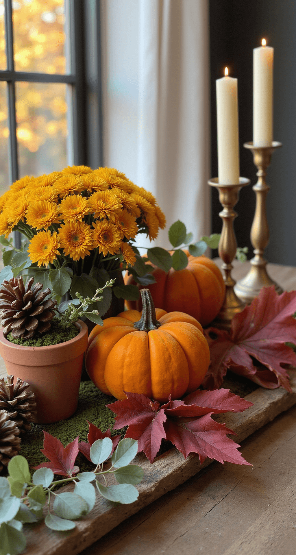 Mastering Fall Outdoor Decor: Your Ultimate Guide to Creating a Stunning Seasonal Display Macro shot of a rustic wood console table vignette featuring burnt orange velvet pumpkins, deep crimson maple leaves, golden yellow mums in terracotta pots, chocolate-brown pinecones, and moss green eucalyptus. Copper accents and weathered brass candlesticks with ivory candles add warmth, while autumn foliage softly blurs in the background, creating a cozy, sophisticated atmosphere.