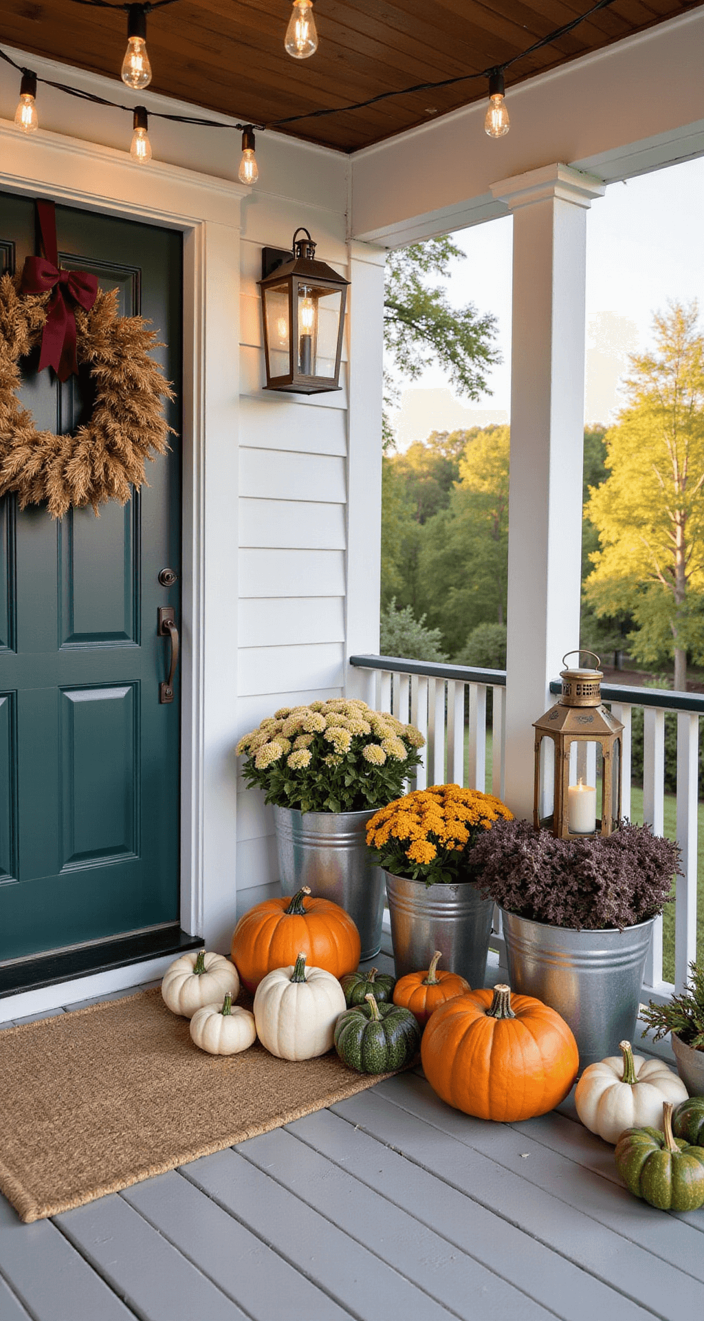 Mastering Fall Outdoor Decor: Your Ultimate Guide to Creating a Stunning Seasonal Display A spacious wraparound porch adorned with a chunky jute doormat layered with pumpkins of varying sizes, vintage brass lanterns, string lights, galvanized metal buckets filled with seasonal foliage, and a statement wreath, all captured in warm late afternoon light.