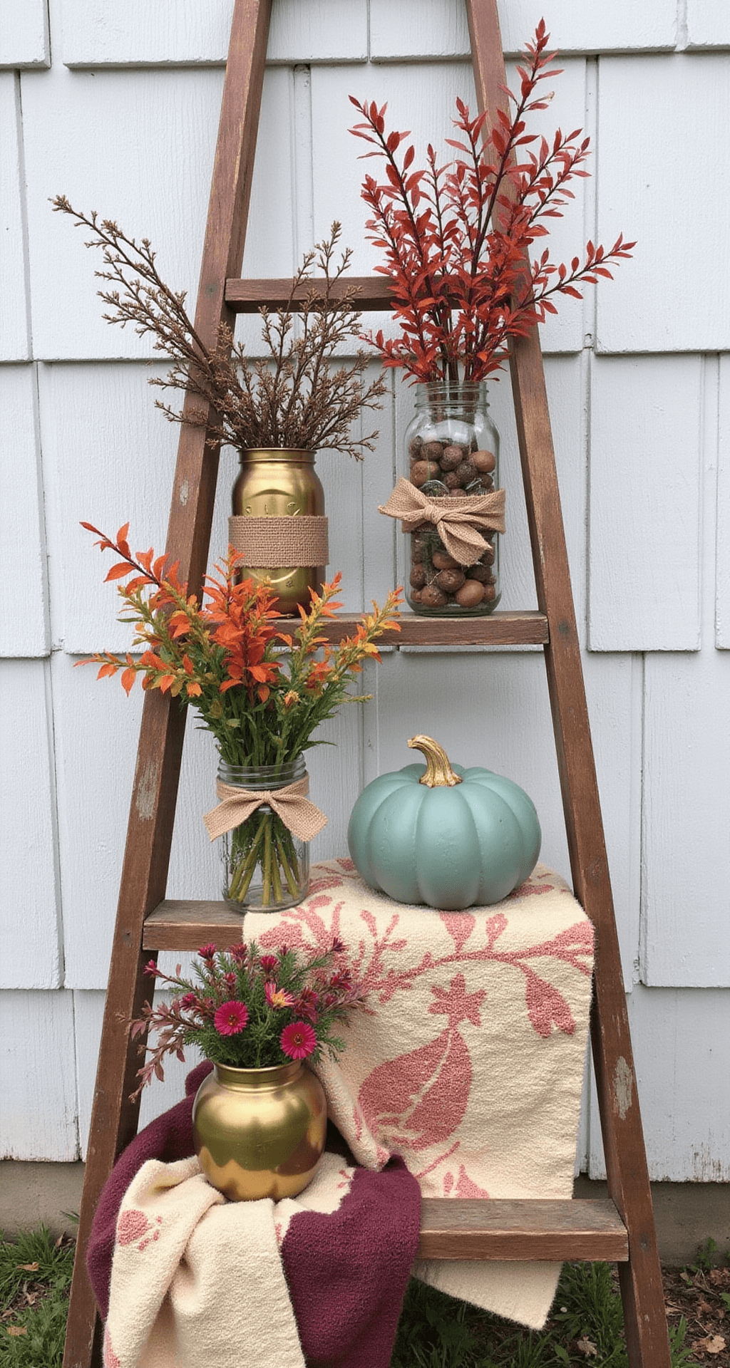 Mastering Fall Outdoor Decor: Your Ultimate Guide to Creating a Stunning Seasonal Display Cozy autumn decor featuring a vintage wooden ladder adorned with foraged branches, mason jars filled with acorns and pinecones, DIY painted pumpkins in sage green and dusty blue, thrifted brass vases with wildflowers, and a faded quilt, all set against a barn-style wall in soft overcast lighting.