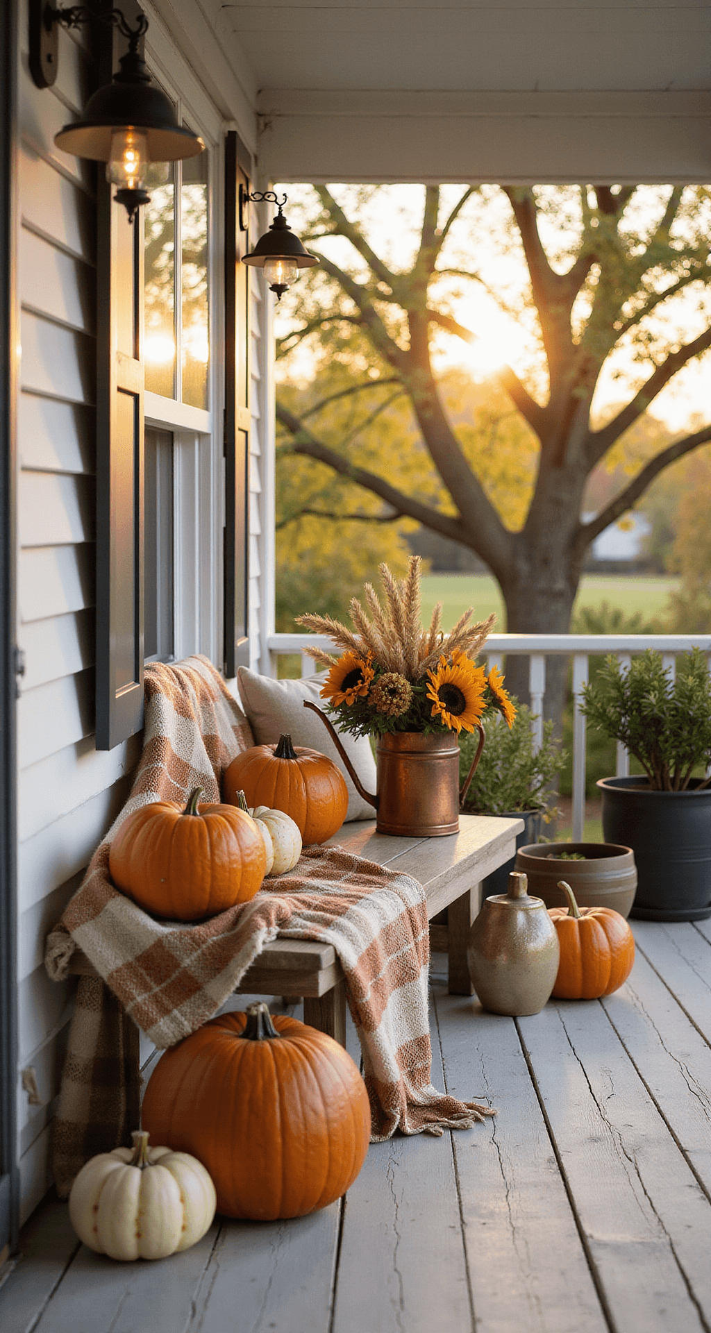 Mastering Fall Outdoor Decor: Your Ultimate Guide to Creating a Stunning Seasonal Display Golden hour photography of a modern farmhouse porch featuring pumpkins, a vintage watering can with flowers, and a cozy plaid blanket, all beautifully lit by warm sunlight and lanterns.