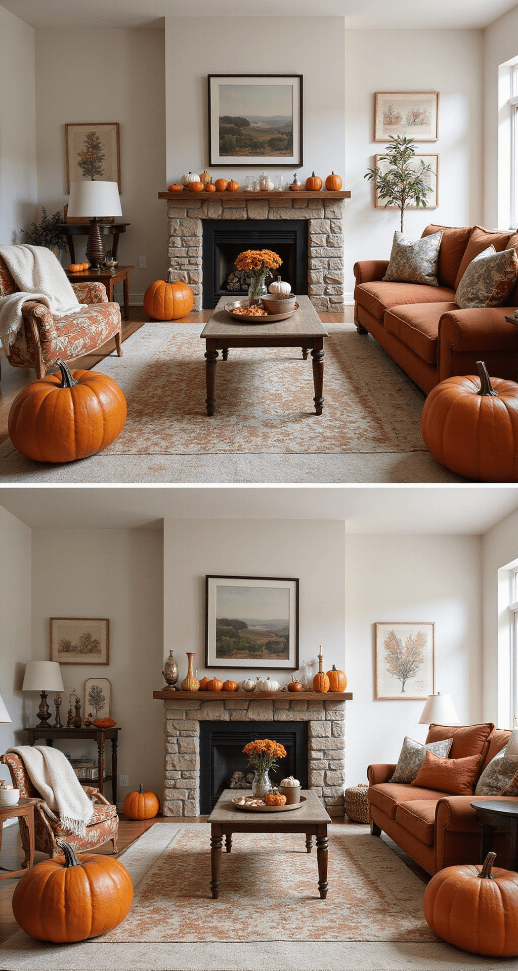 Mastering Fall Outdoor Decor: Your Ultimate Guide to Creating a Stunning Seasonal Display Split image comparison of interior styling: the left side shows overcrowded, mismatched decor and harsh lighting, while the right side features well-curated, spacious arrangements with varied heights, warm ambient lighting, and a cohesive autumn color palette.