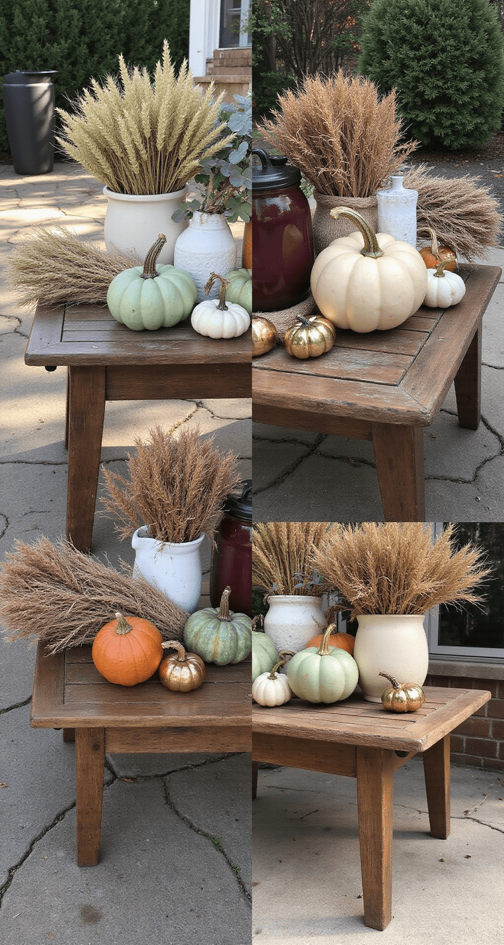 Mastering Fall Outdoor Decor: Your Ultimate Guide to Creating a Stunning Seasonal Display A side-by-side comparison of early fall and late fall styling on stone patios, featuring lighter sage greens and cream pumpkins for early fall and deeper burgundy and burnt orange for late fall, captured in contrasting lighting conditions with a medium telephoto lens.